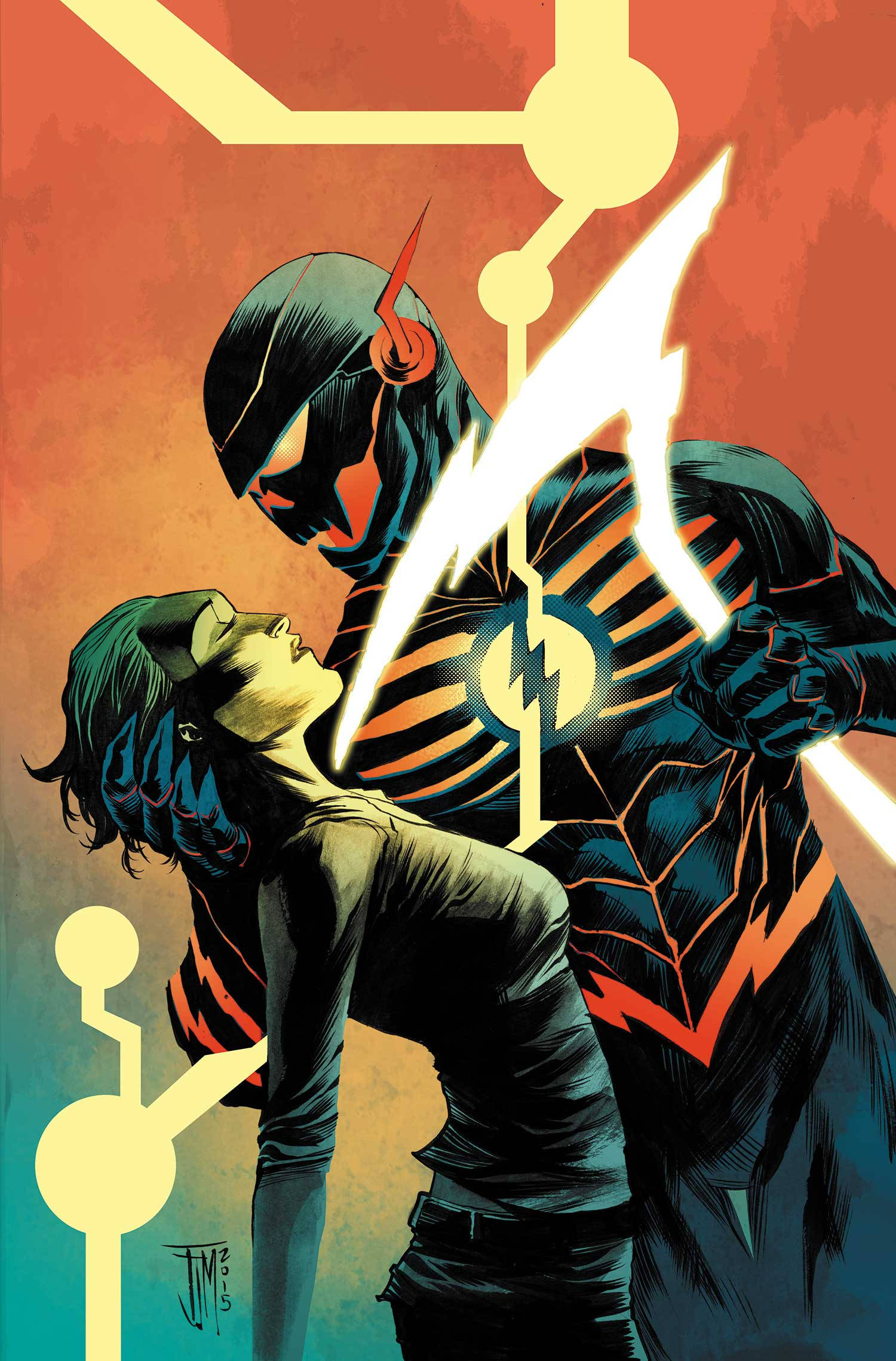 The Flash, glowing lightning motifs, fiery orange and teal background, Full HD Phone Wallpaper