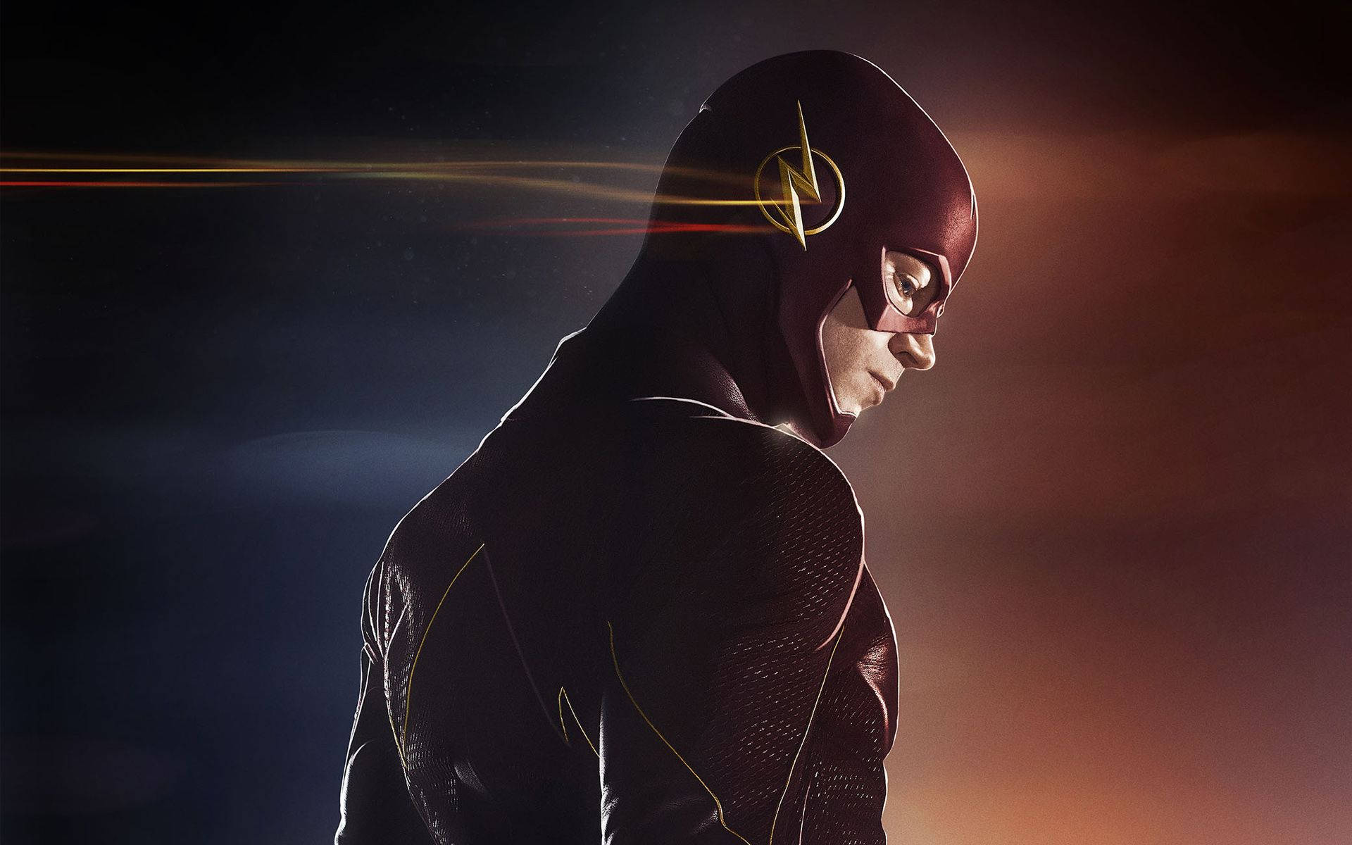 The Flash, red suit, gold lightning emblem, Full HD Desktop Wallpaper