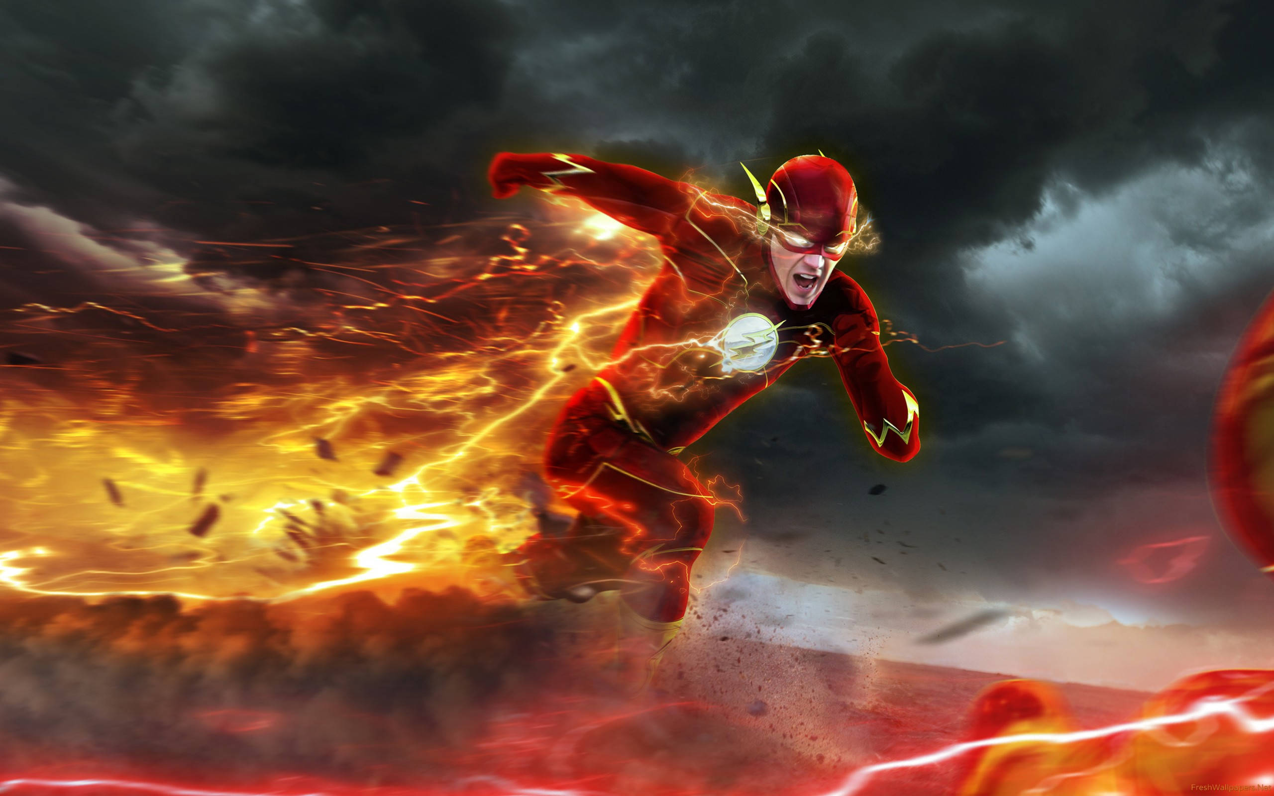 The Flash, stormy sky, fiery trails, 2K Desktop Wallpaper