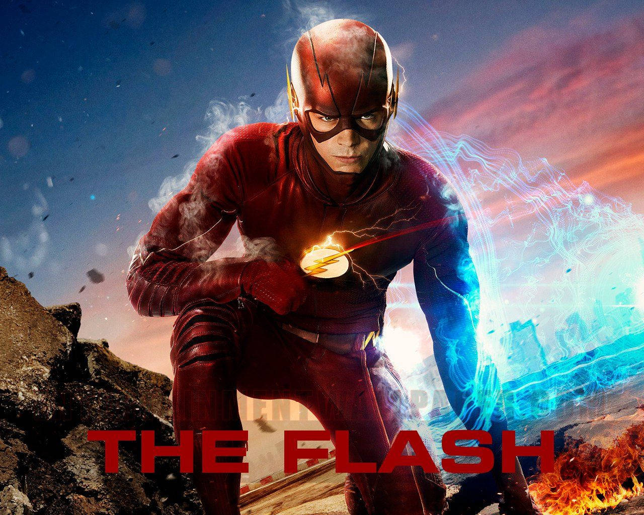 The Flash, electric blue energy, fiery sunset sky, HD Desktop Wallpaper