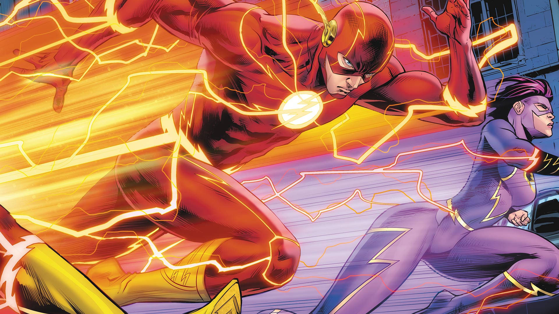 The Flash, purple-suited speedster, cityscape, Full HD Desktop Wallpaper
