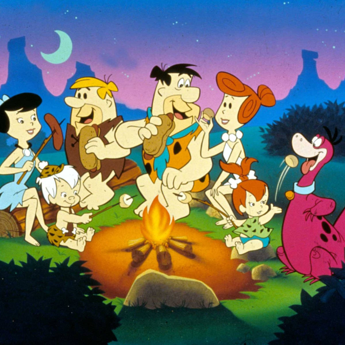 The Flintstones, campfire, starry night sky, SD Desktop Wallpaper
