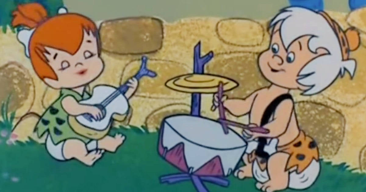 The Flintstones, cartoon caveman children, stone-age instruments, SD Desktop Wallpaper