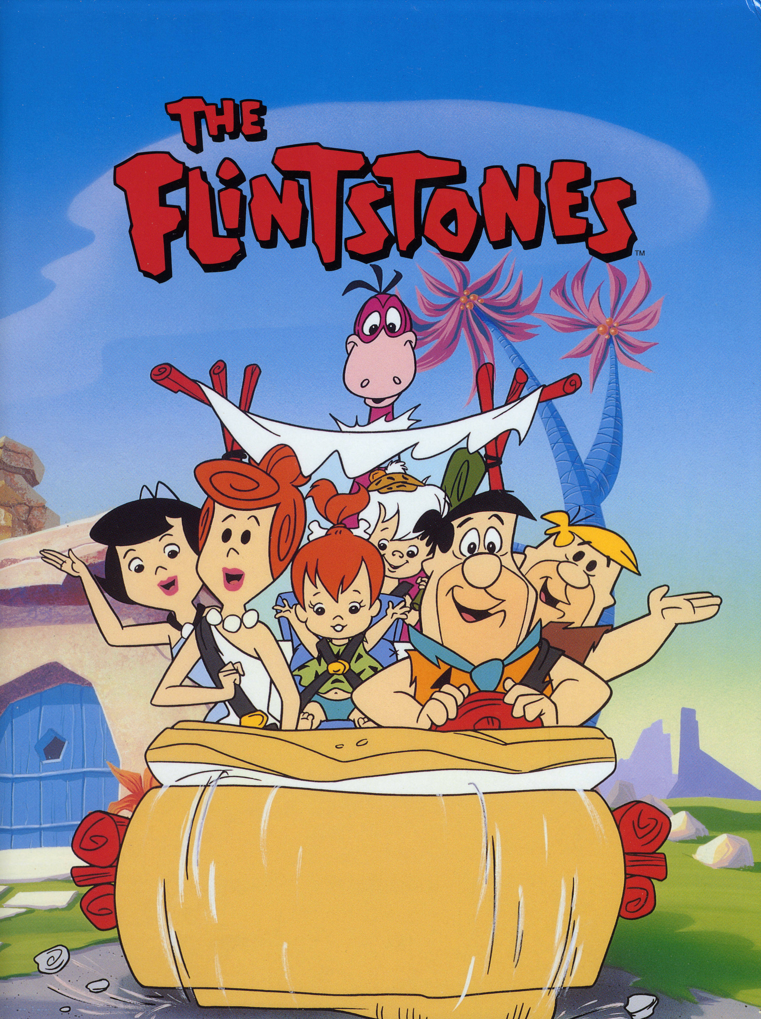 The Flintstones, stone-age car, bright blue sky, 2K Phone Wallpaper