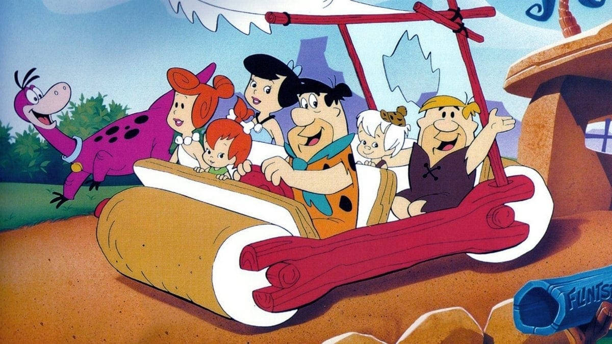 The Flintstones, stone-age car, purple dinosaur, SD Desktop Wallpaper