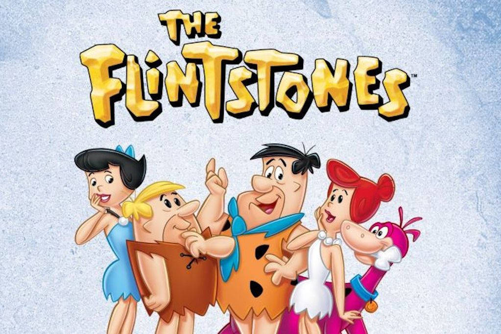 The Flintstones, stone-age outfits, textured blue background, SD Desktop Wallpaper
