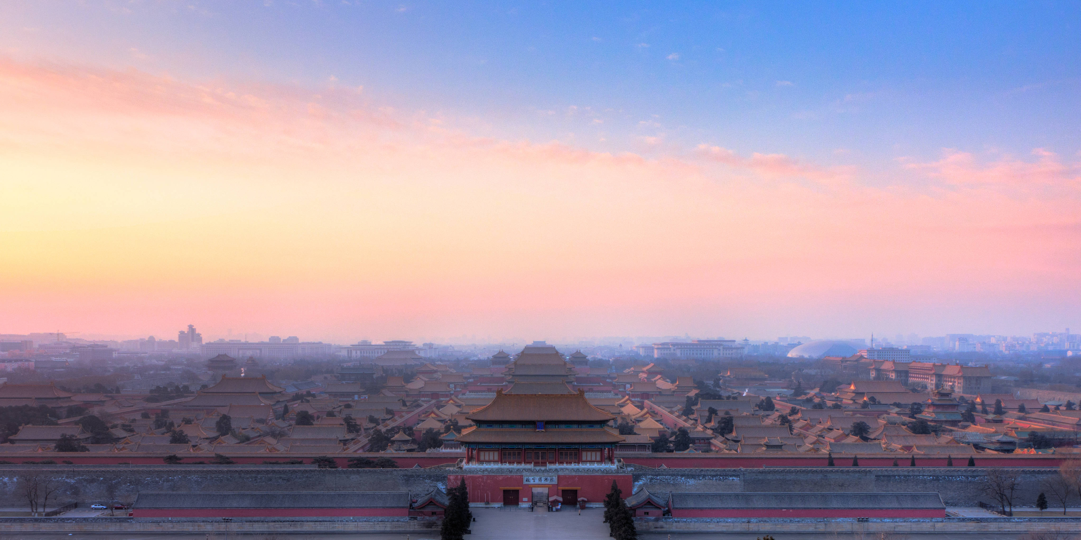 Forbidden City, orange sunset, pink and orange skies, 4K Desktop Wallpaper