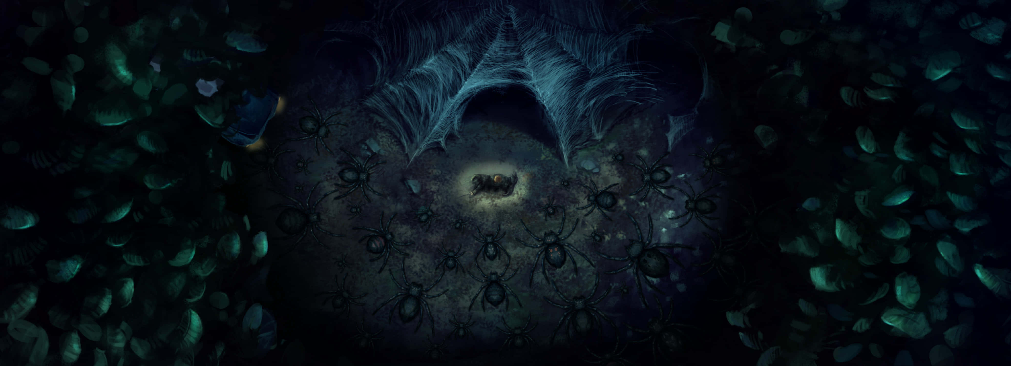 The Forbidden Forest, glowing central orb, spiders, 4K Desktop Wallpaper