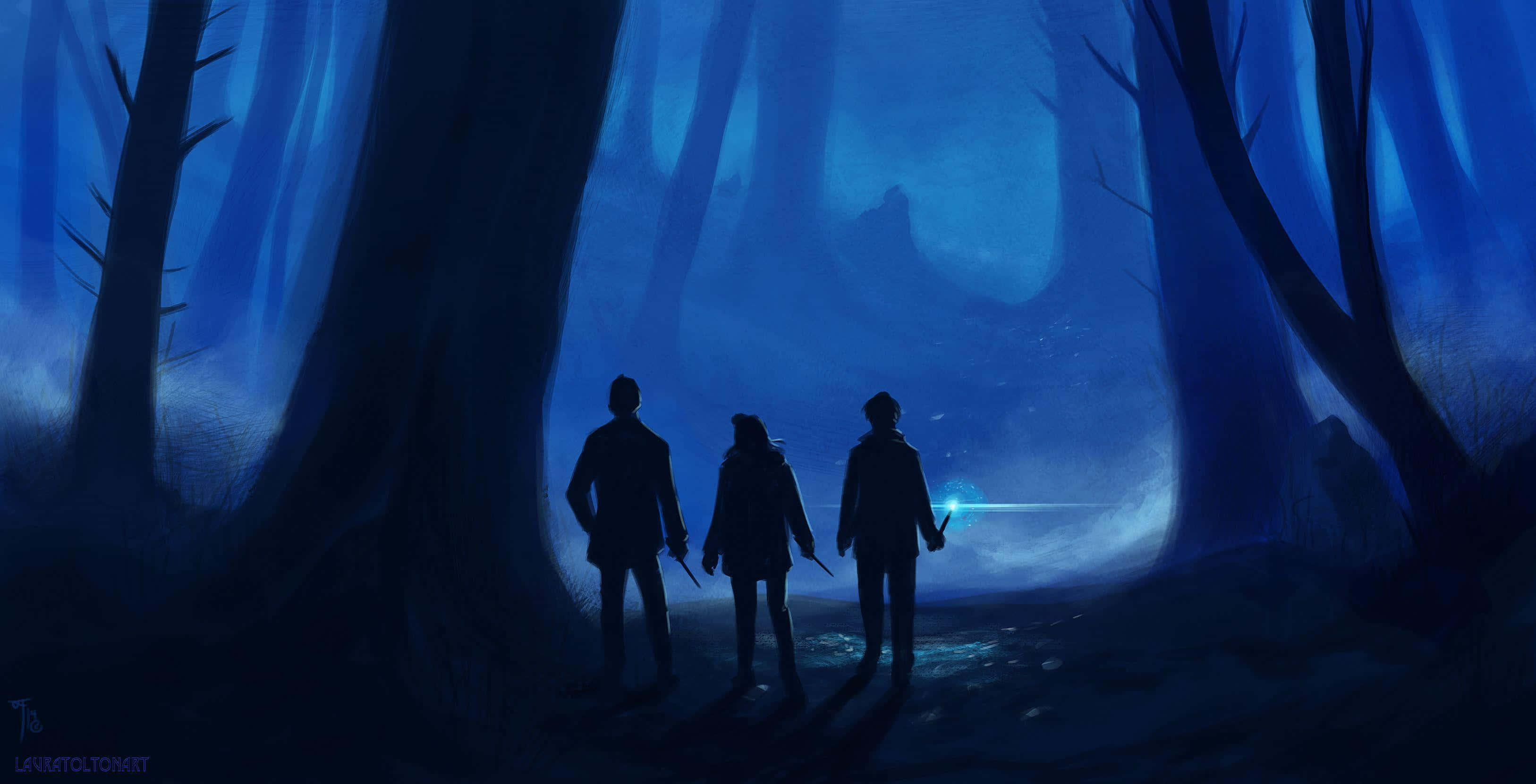 The Forbidden Forest, mystical blue forest, glowing wands, 2K Desktop Wallpaper