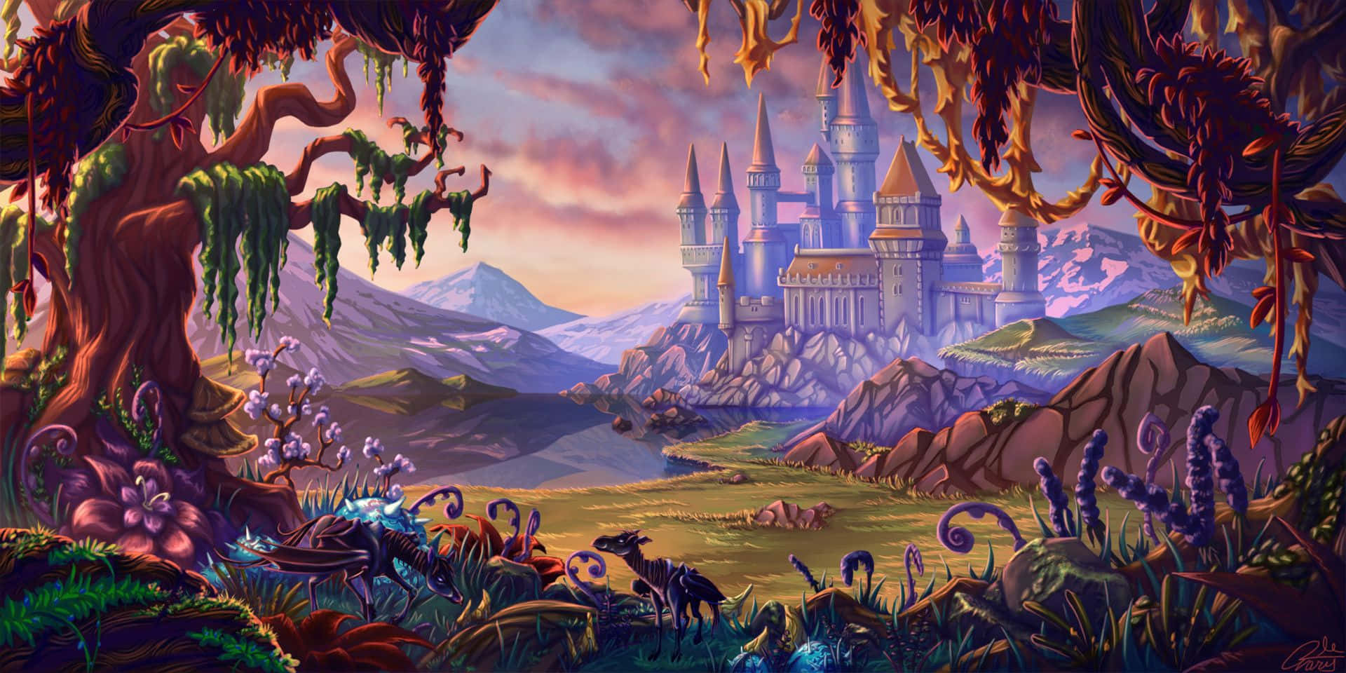 The Forbidden Forest, castle, mountains, Full HD Desktop Wallpaper