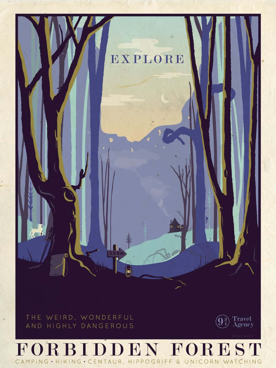 The Forbidden Forest, vintage travel poster, glowing trees, SD Phone Wallpaper