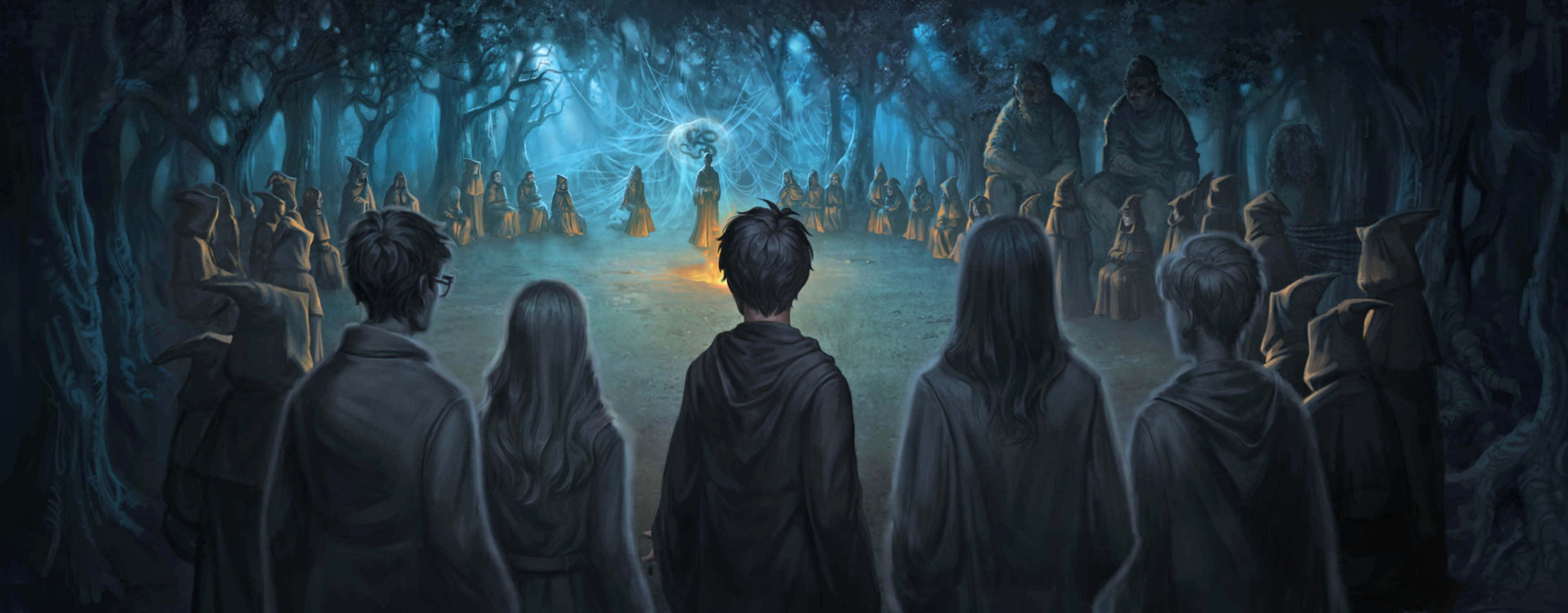 The Forbidden Forest, hooded figures, glowing orb, 2K Desktop Wallpaper