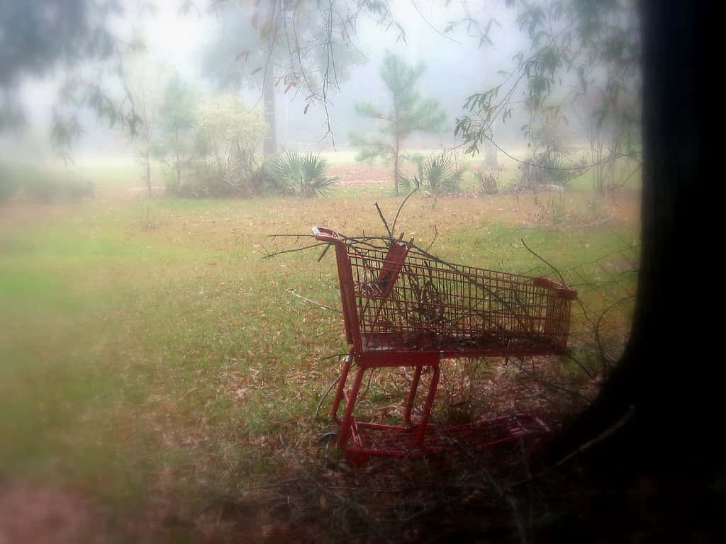 incongruous forest, rusted red shopping cart, twigs, SD Desktop Wallpaper