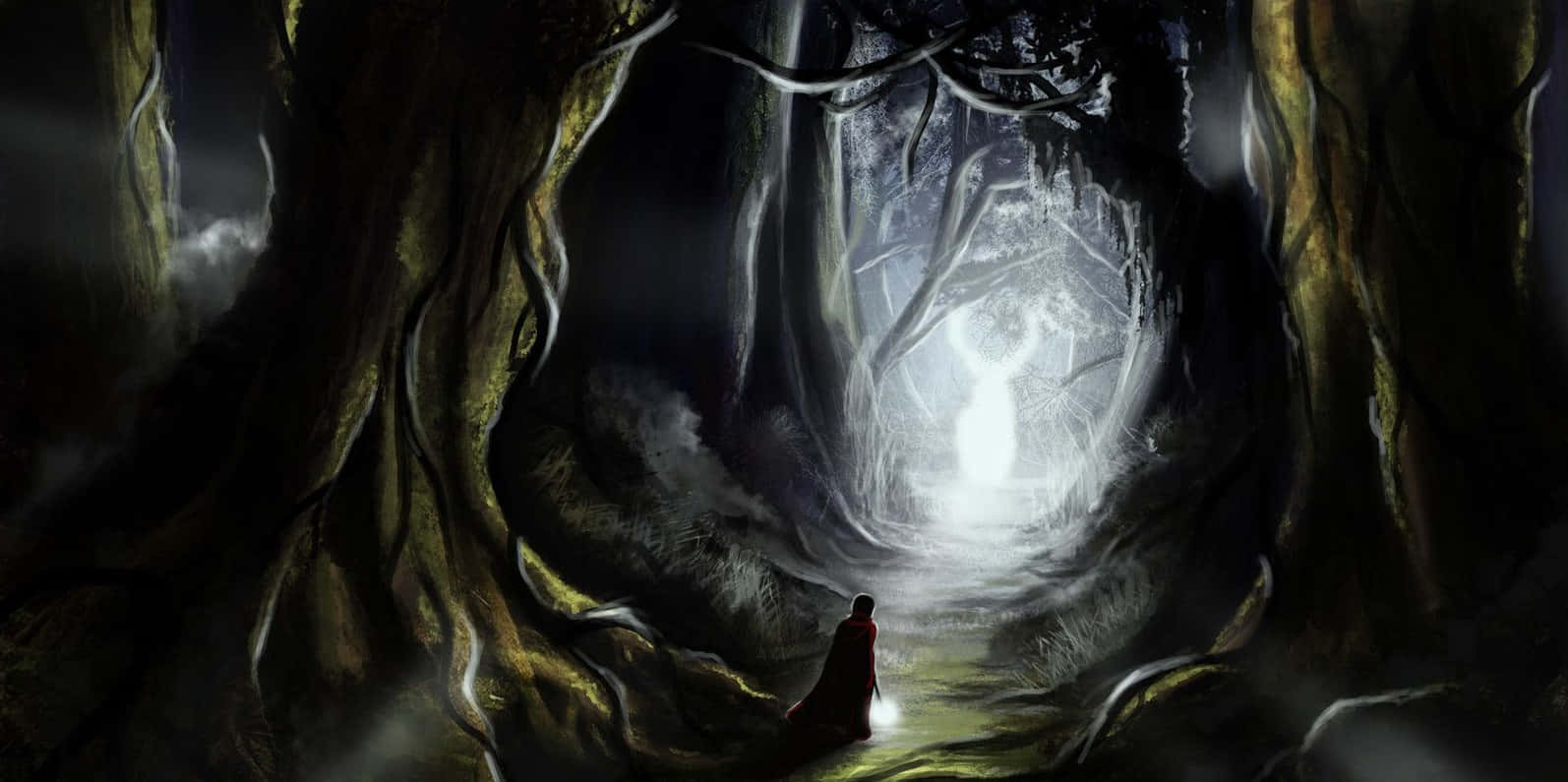 The Forbidden Forest, robed figure, dark twisted forest tunnel, HD Desktop Wallpaper