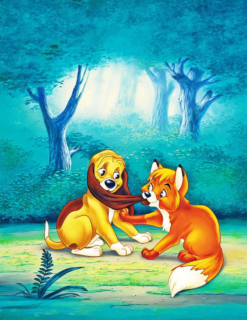 The fox and the hound, golden puppy, orange fox, SD Phone Wallpaper