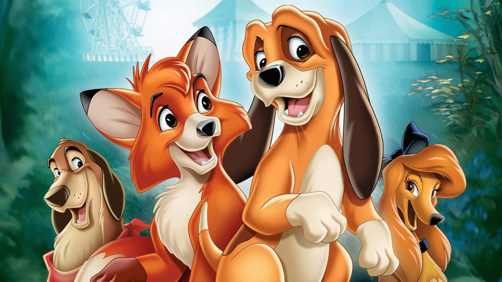 The fox and the hound, 1920 x 1080, carnival-themed forest, Full HD Desktop Wallpaper