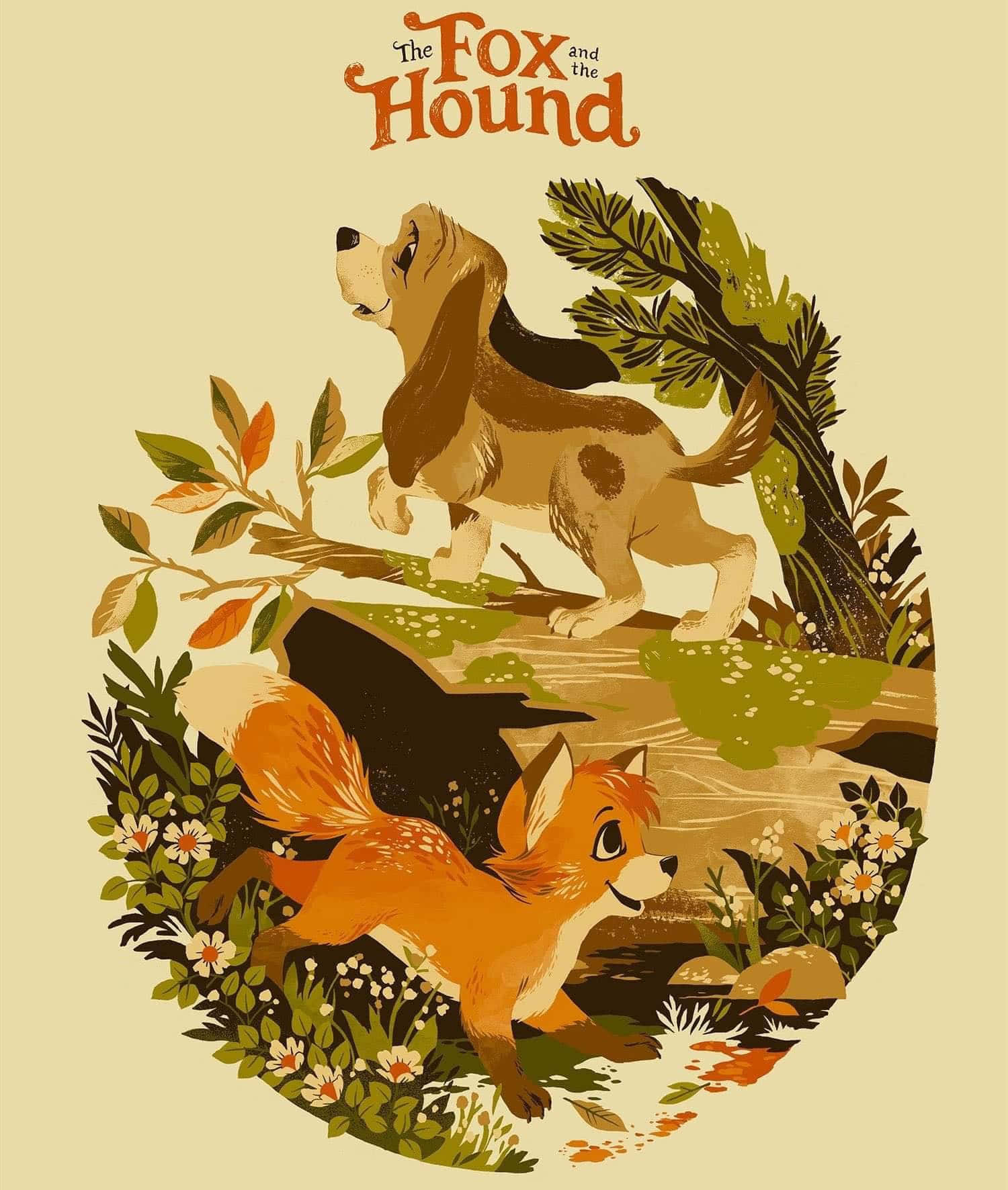 The fox and the hound, vintage-style illustration, circular woodland scene, HD Phone Wallpaper