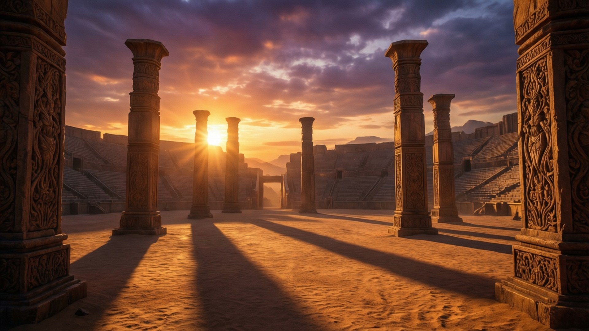 Sunset, ancient stone columns, tiered amphitheater, Full HD Desktop Wallpaper