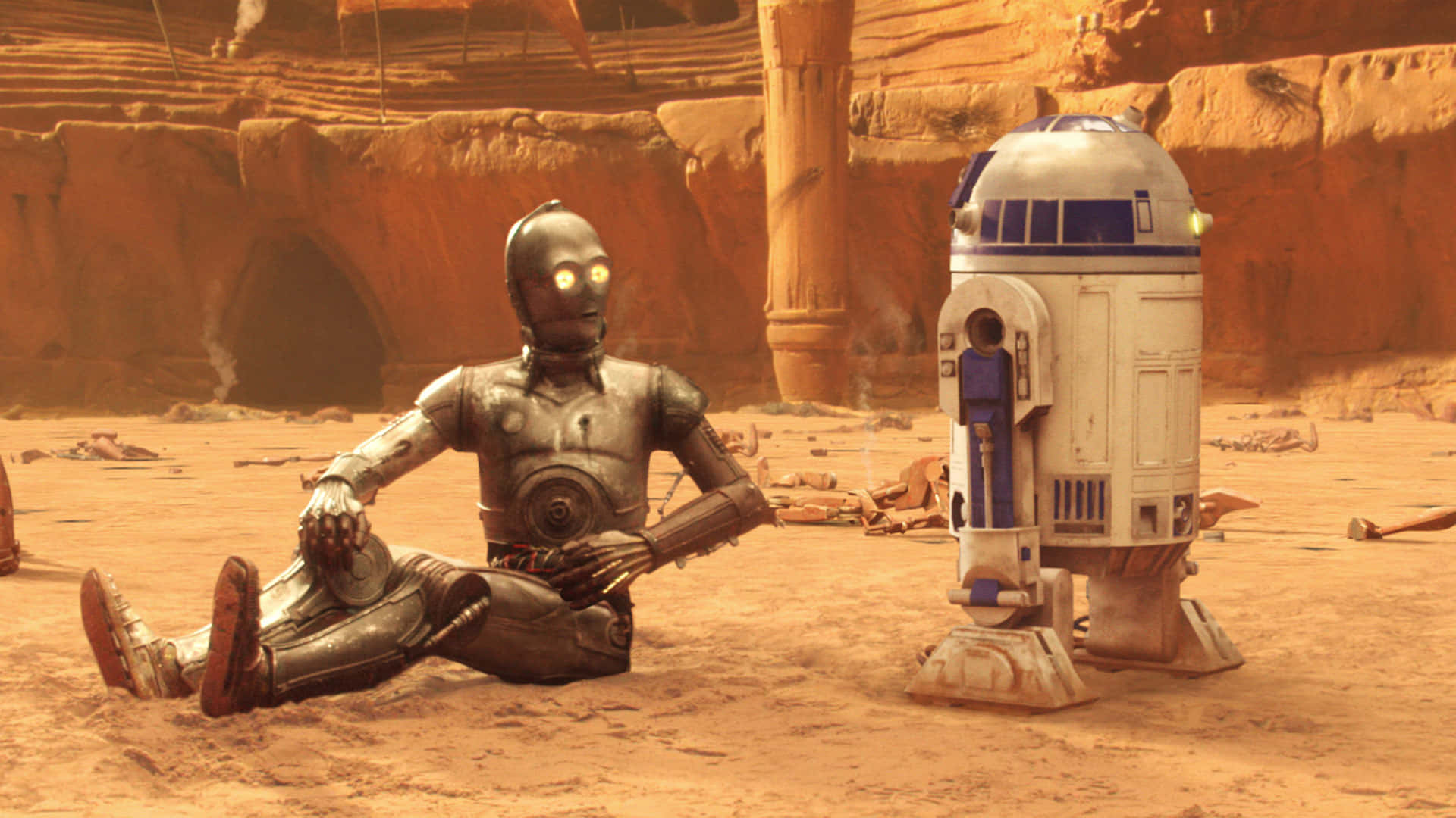 The Geonosian Arena, metallic humanoid droid, cylindrical droid, Full HD Desktop Wallpaper
