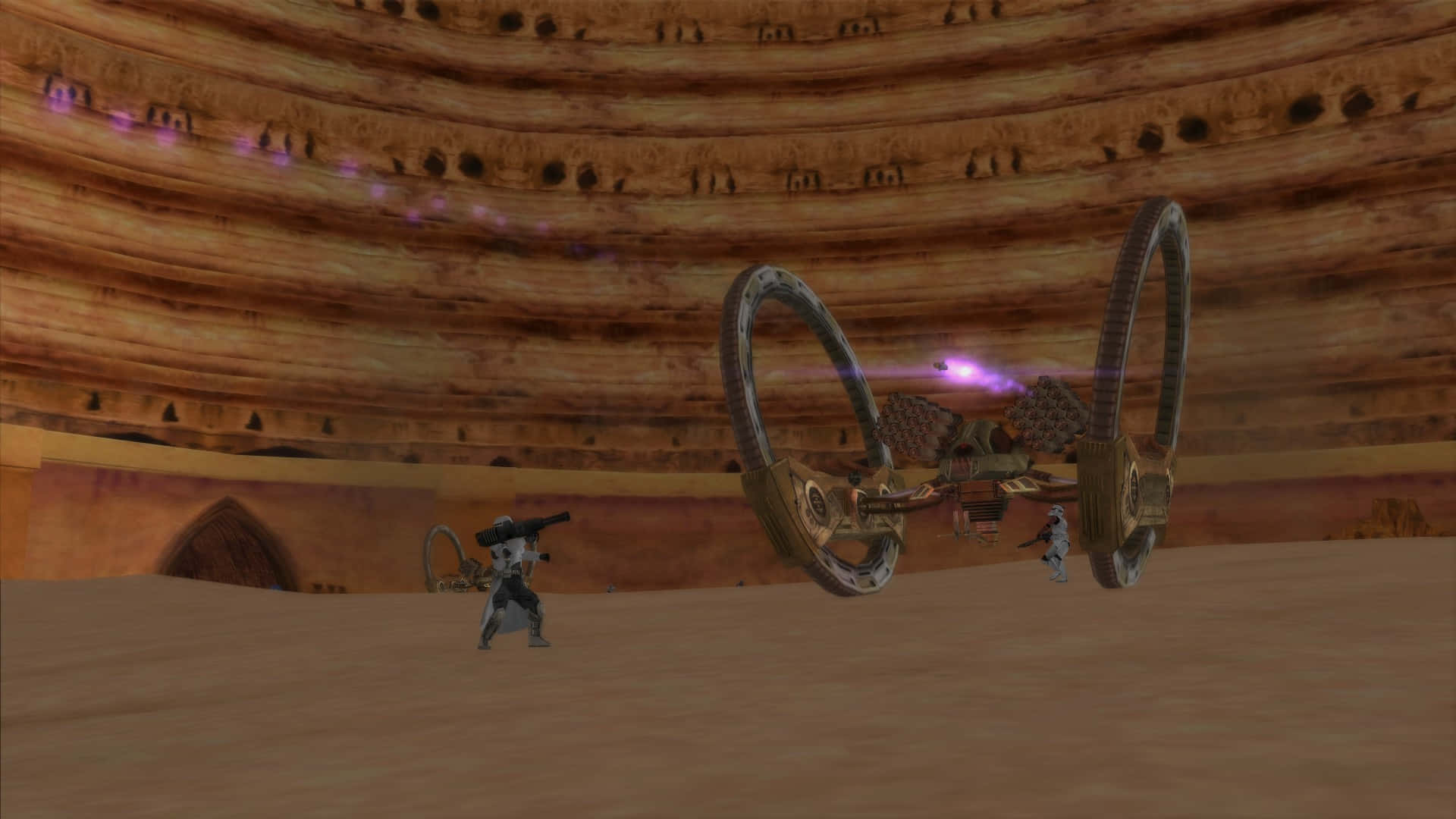 The Geonosian Arena, futuristic flying vehicle, desert warriors, Full HD Desktop Wallpaper