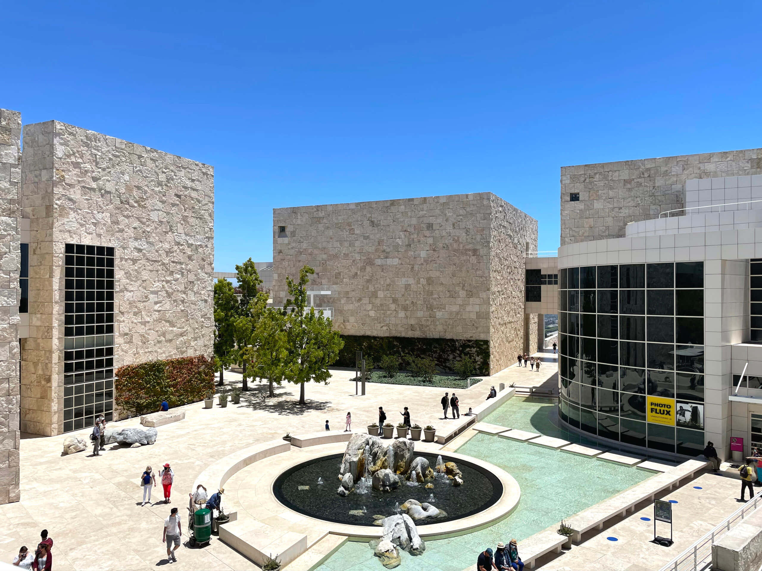 Getty Center, courtyard, fountain, 2K Desktop Wallpaper