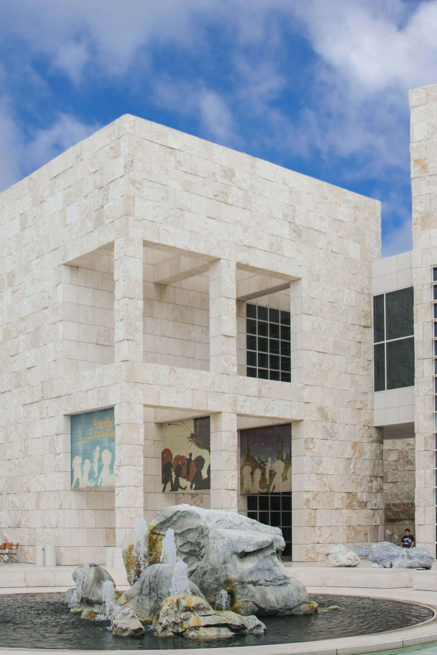 Getty Center, fountain, geometric windows, Full HD Phone Wallpaper