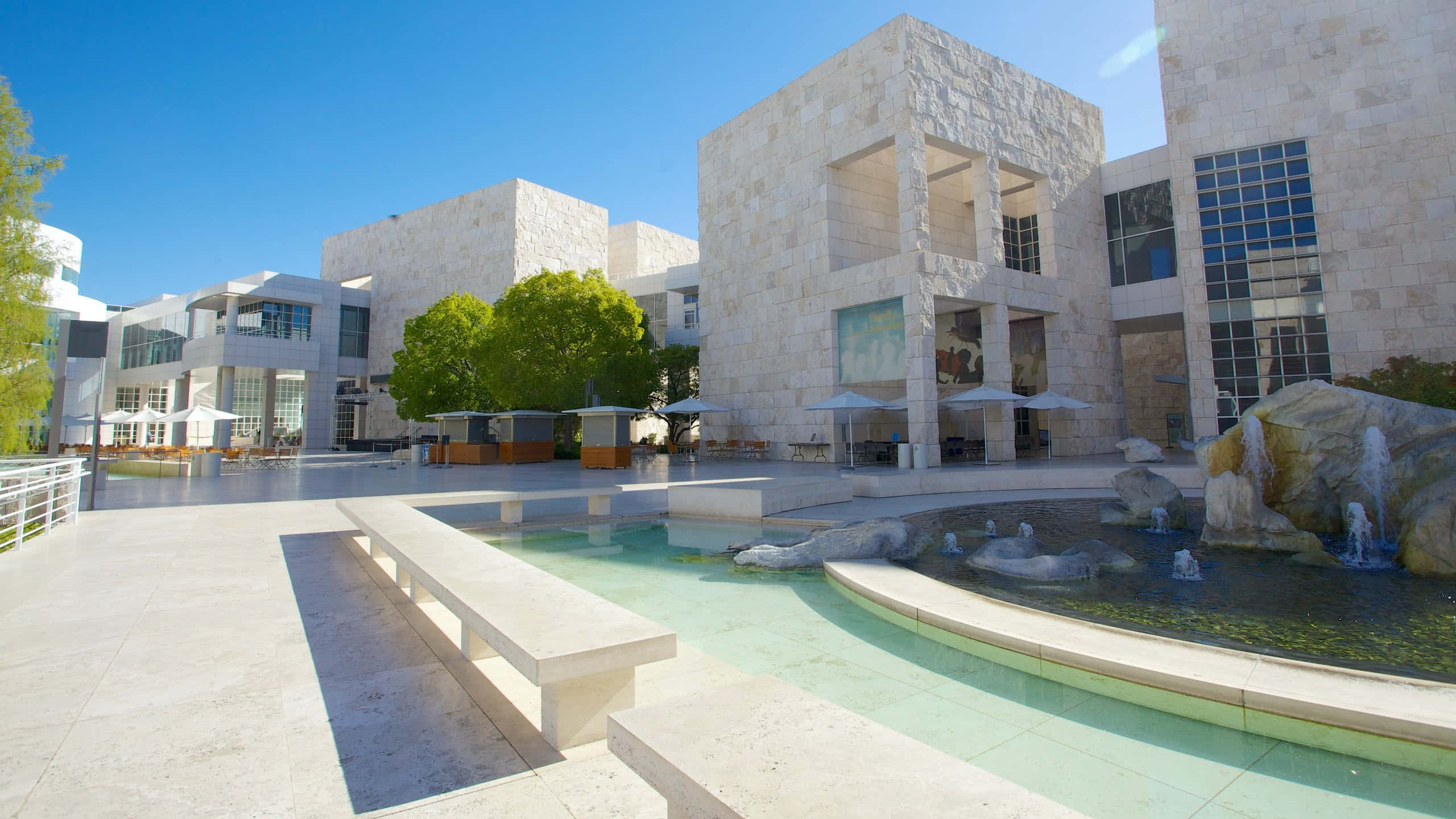 Getty Center, architecture, pond, 2K Desktop Wallpaper