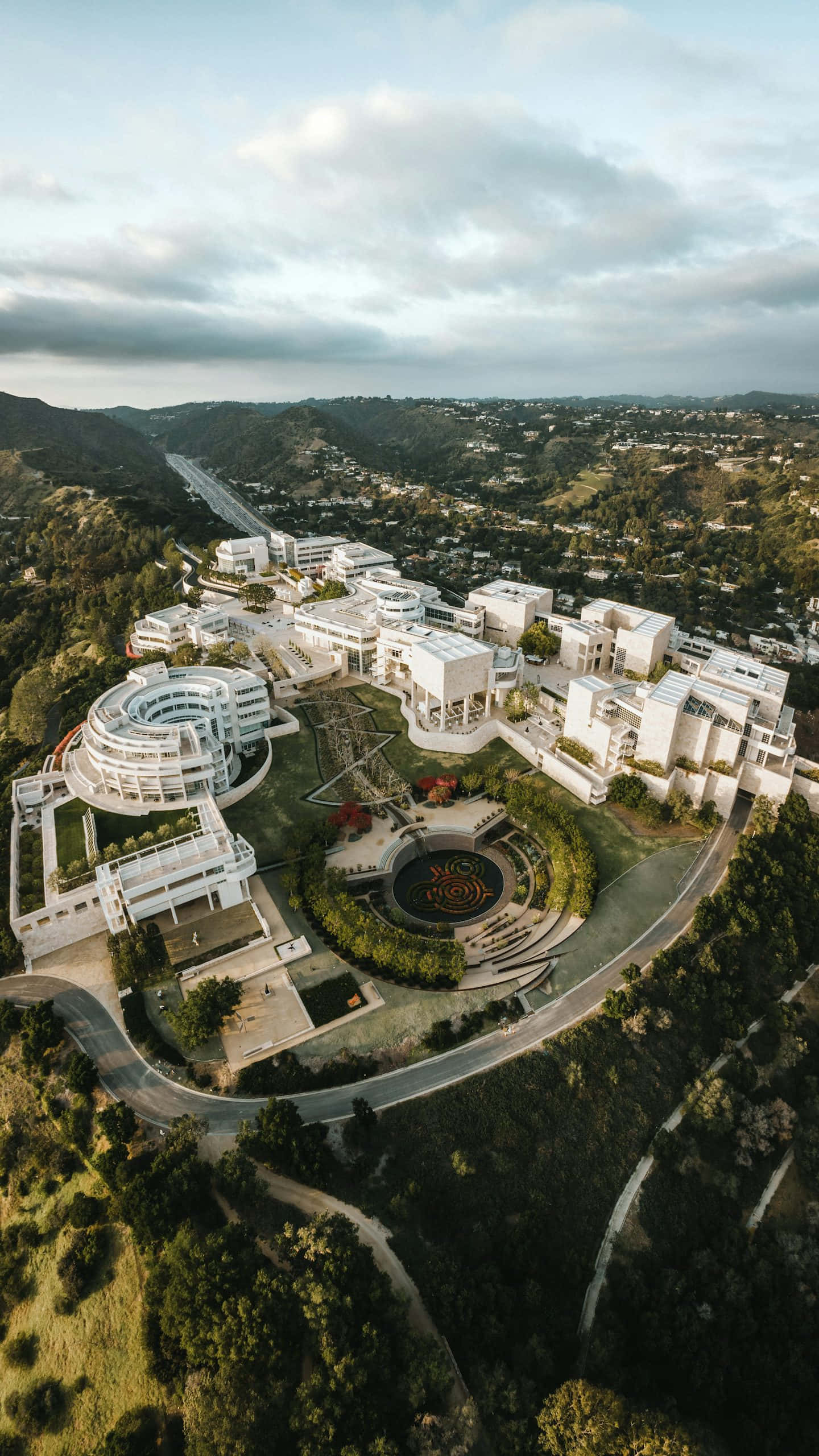 The Getty Center, aerial view, modern white architectural complex, 2K Phone Wallpaper