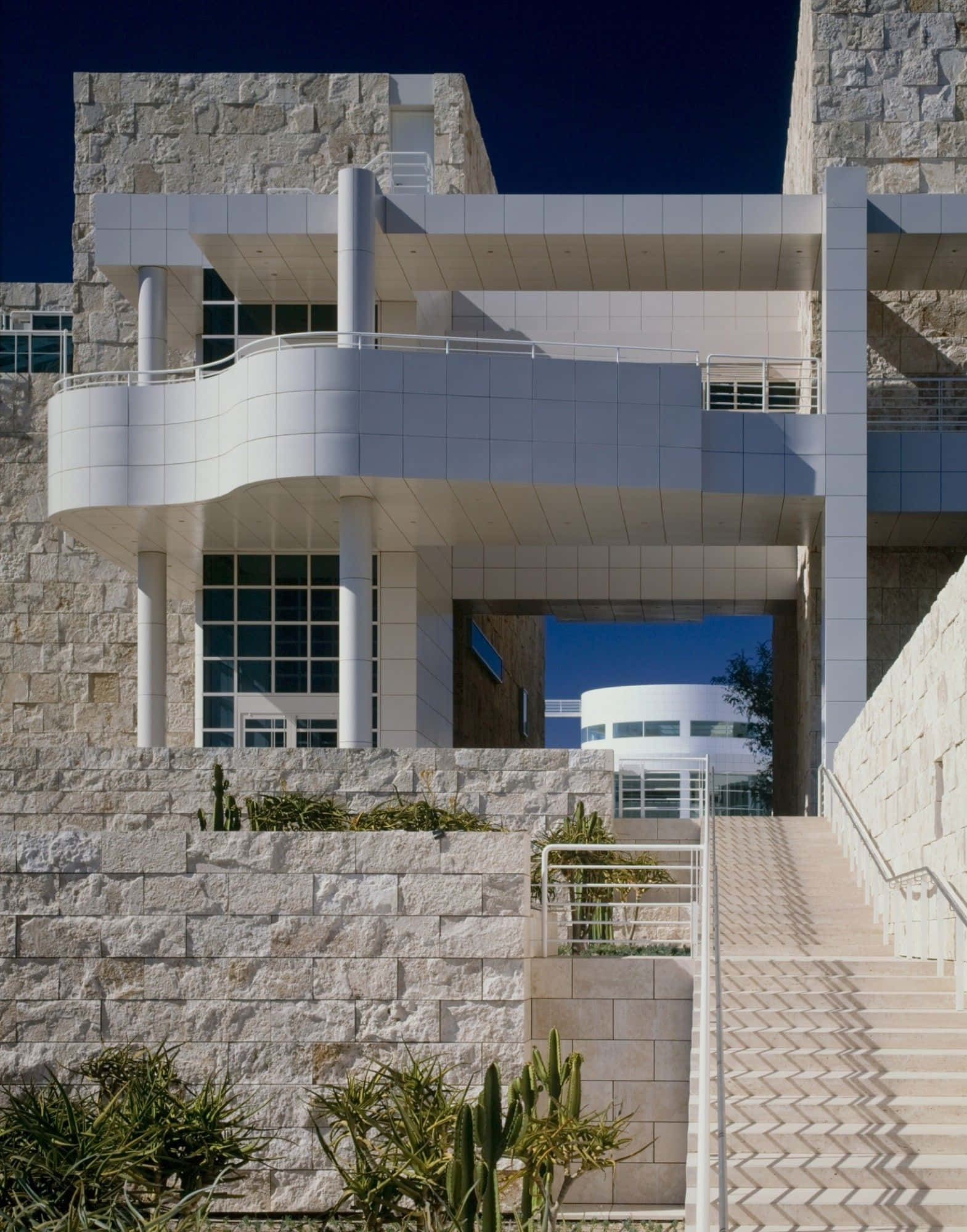 Getty Center, architecture staircase, modernist stone, Full HD Phone Wallpaper