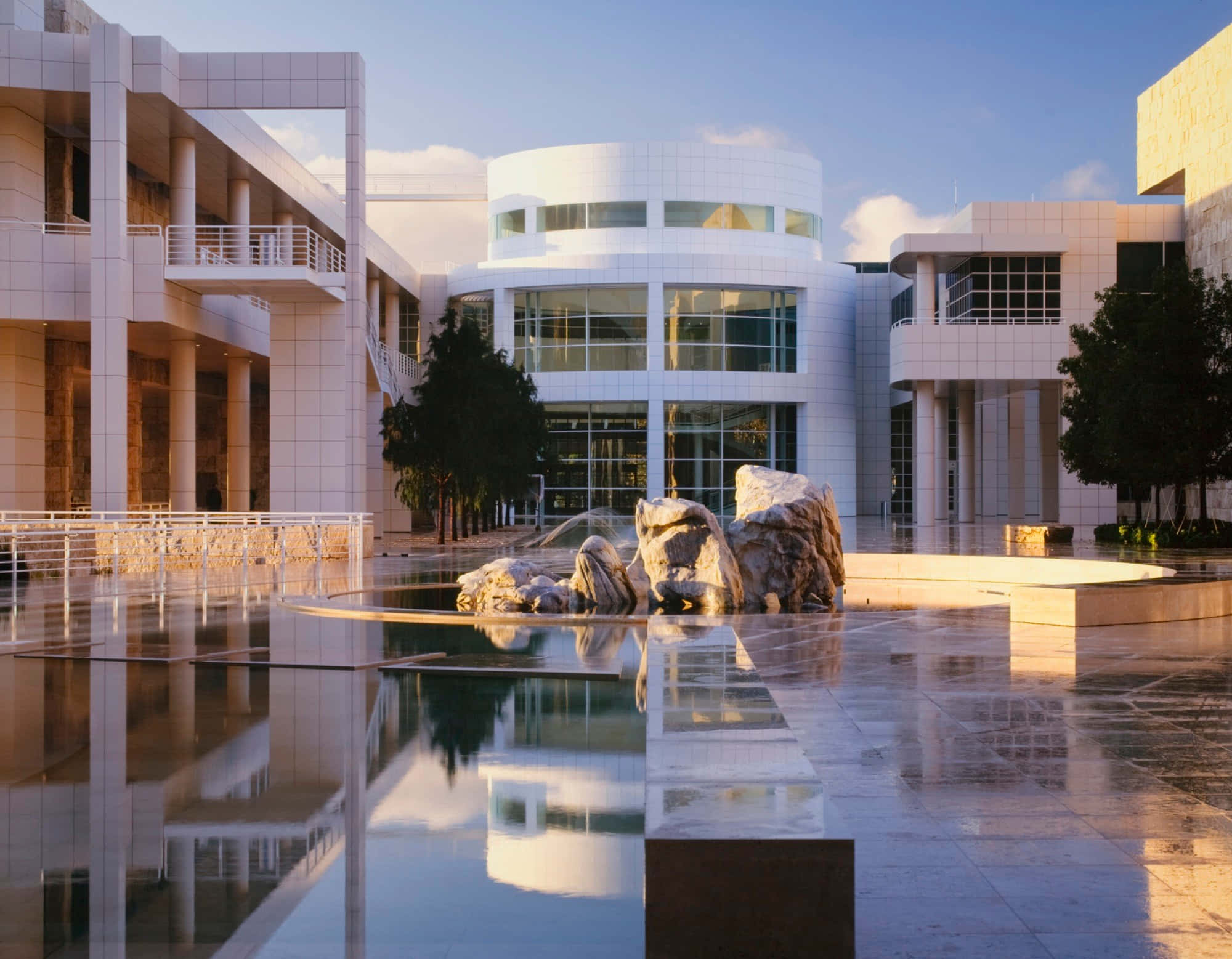 Getty Center, modern white architectural buildings, calm water fountain, Full HD Desktop Wallpaper
