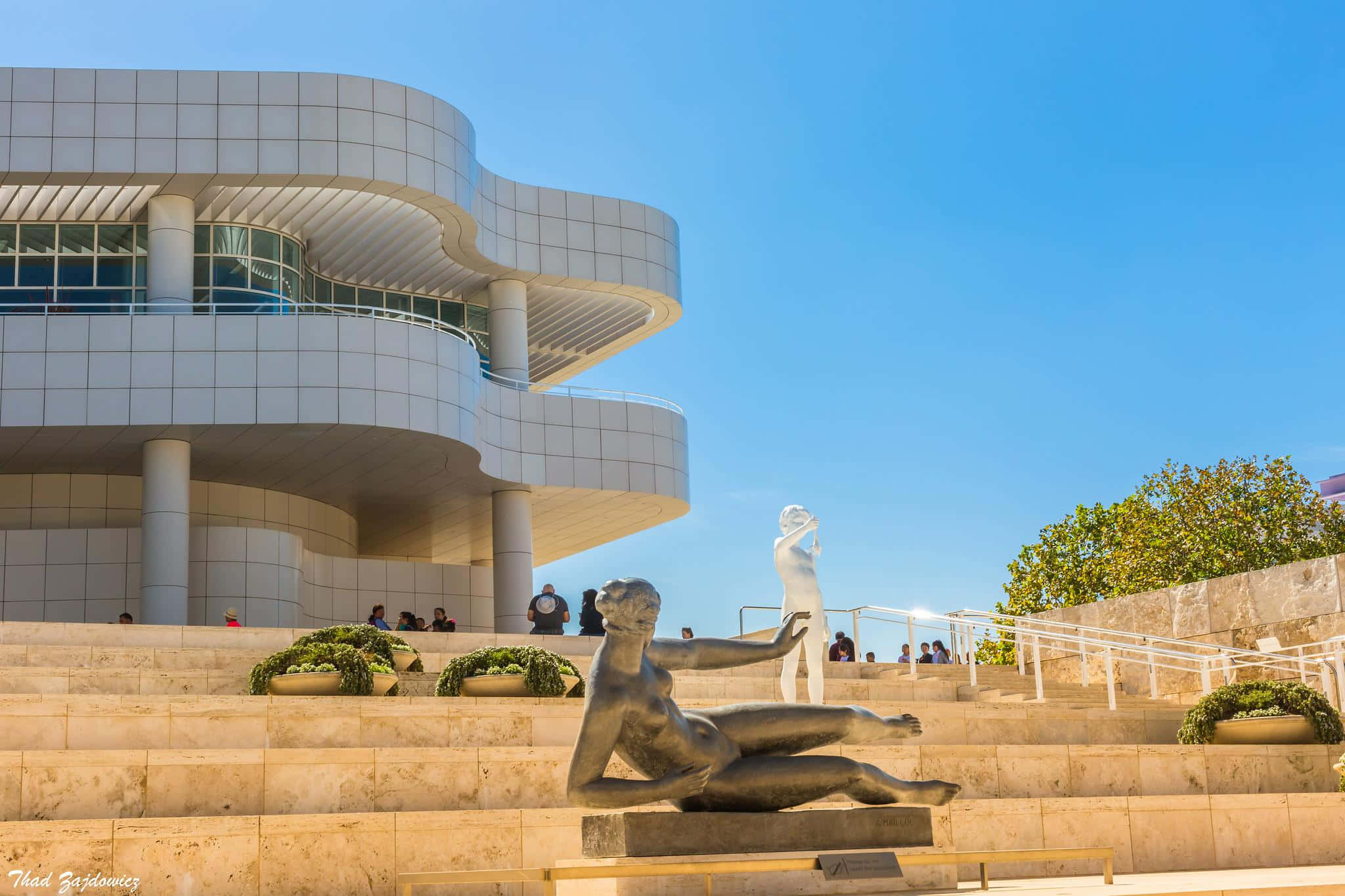 Getty Center, curved white architecture, statues, Full HD Desktop Wallpaper