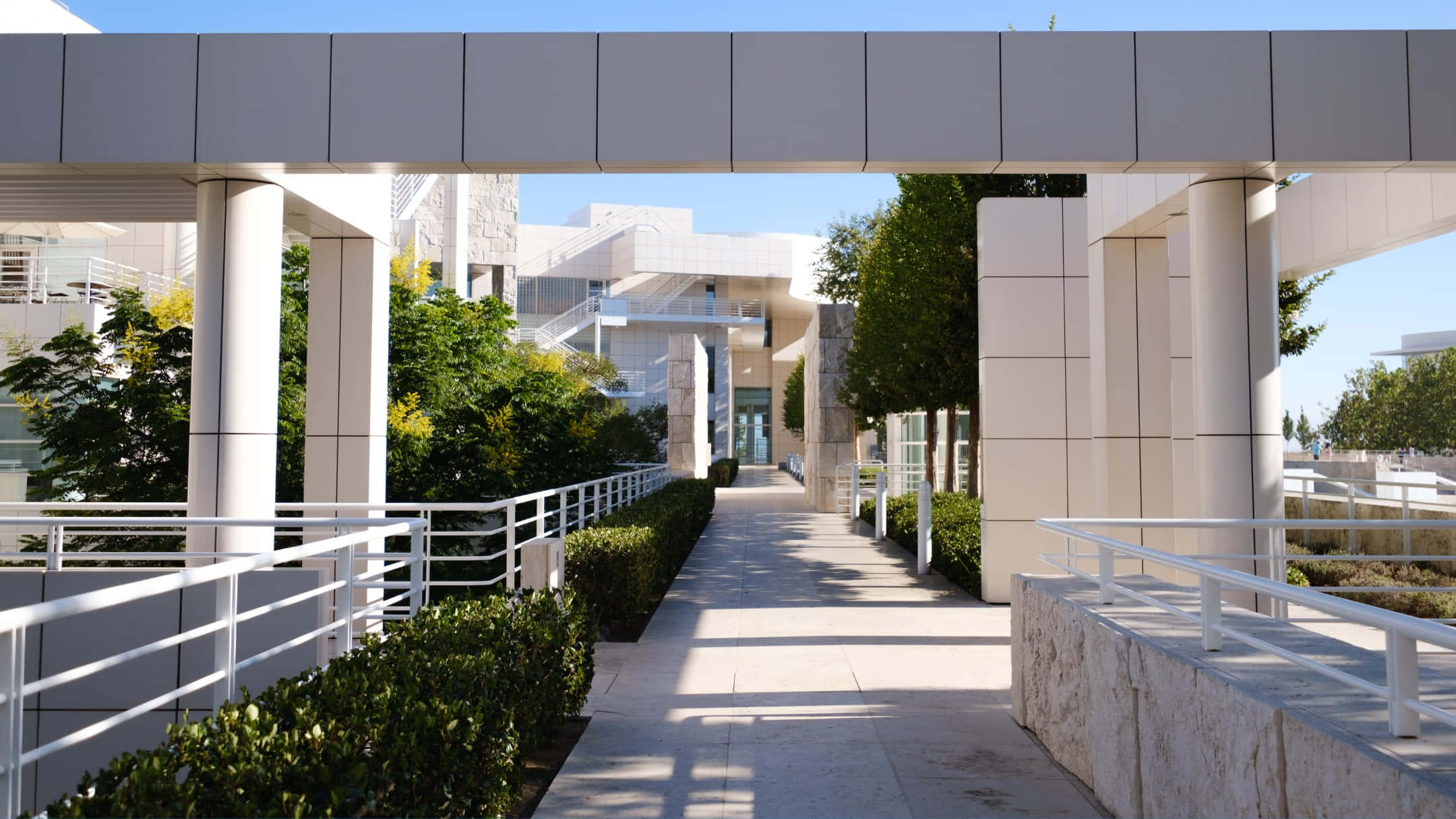 Getty Center, architecture walkway, white railings, Full HD Desktop Wallpaper