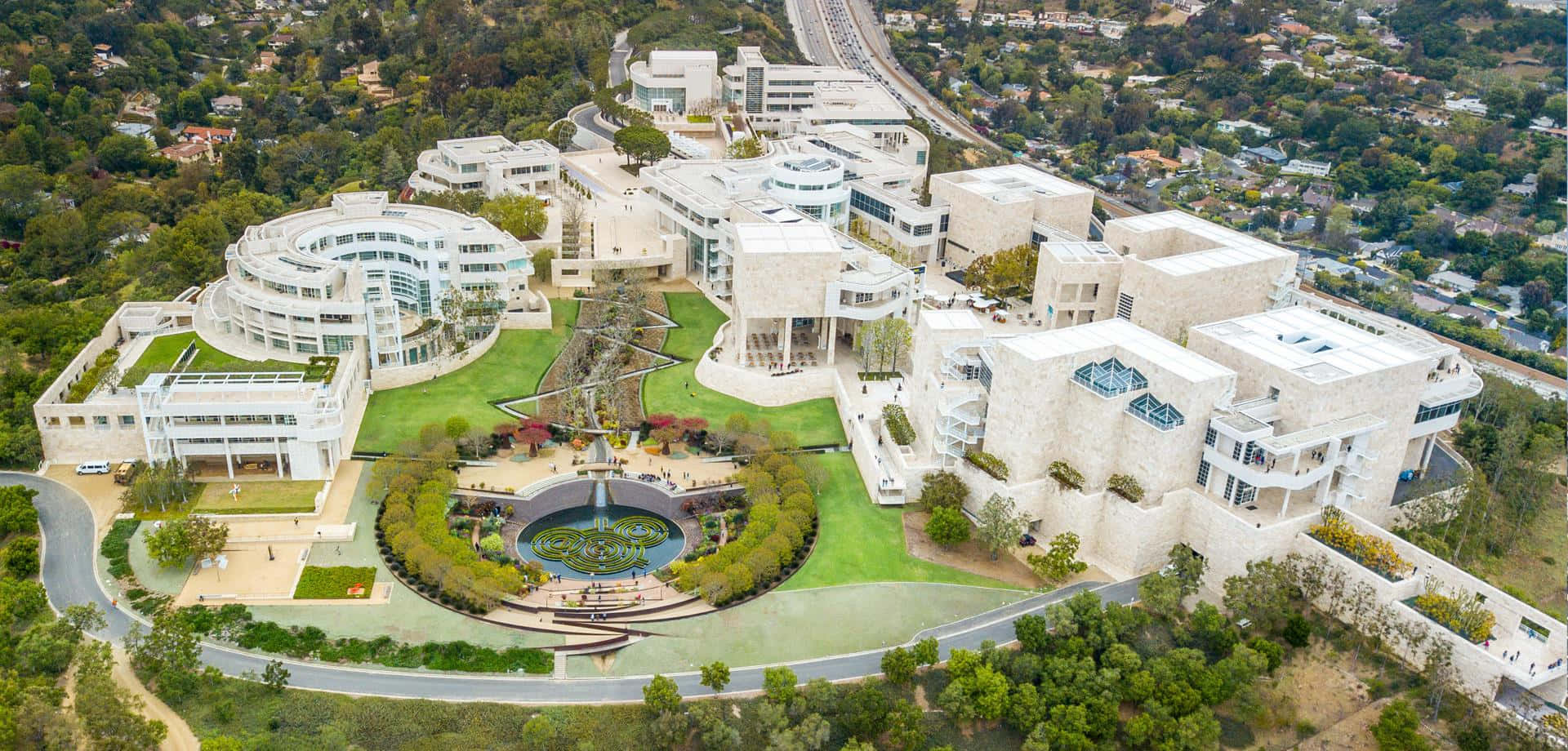 Getty Center, aerial view, modern white architectural complex, Full HD Desktop Wallpaper