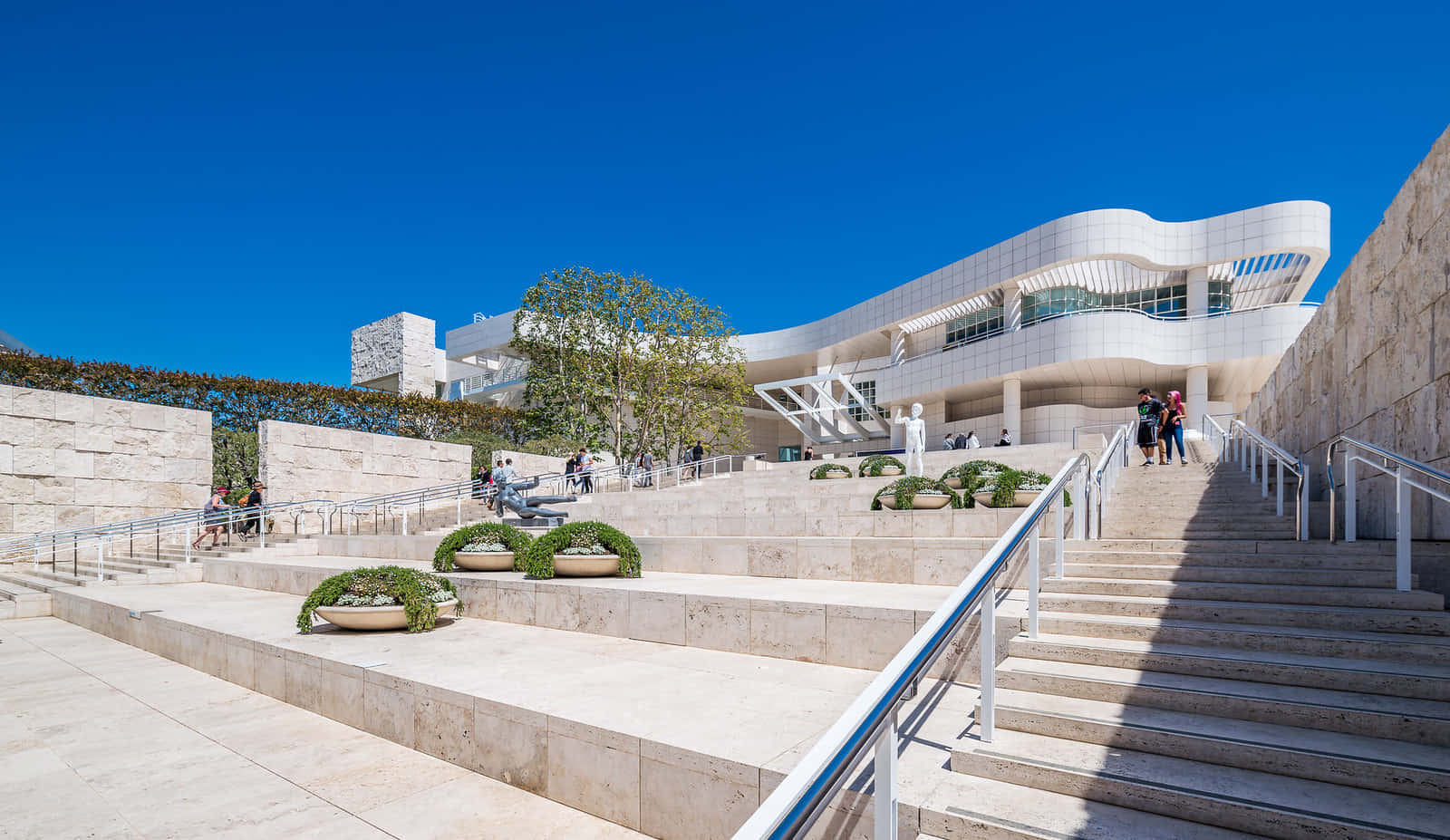 Getty Center, modern white curved architecture, stone steps, HD Desktop Wallpaper