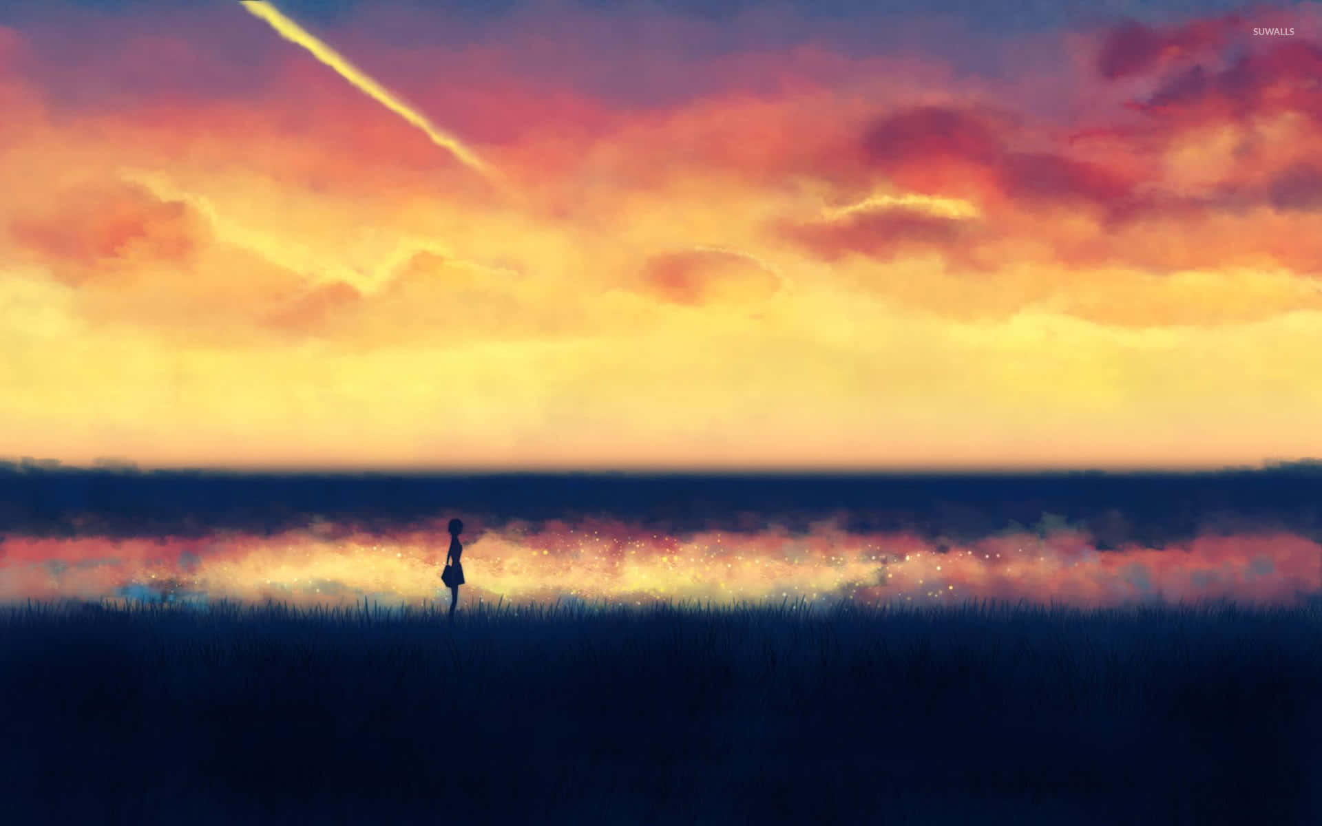 The Girl Who Leapt Through Time, vibrant sunset, orange pink and purple clouds, Full HD Desktop Wallpaper