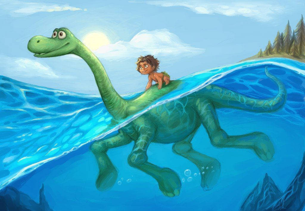The Good Dinosaur, green dinosaur, bright blue water, SD Desktop Wallpaper