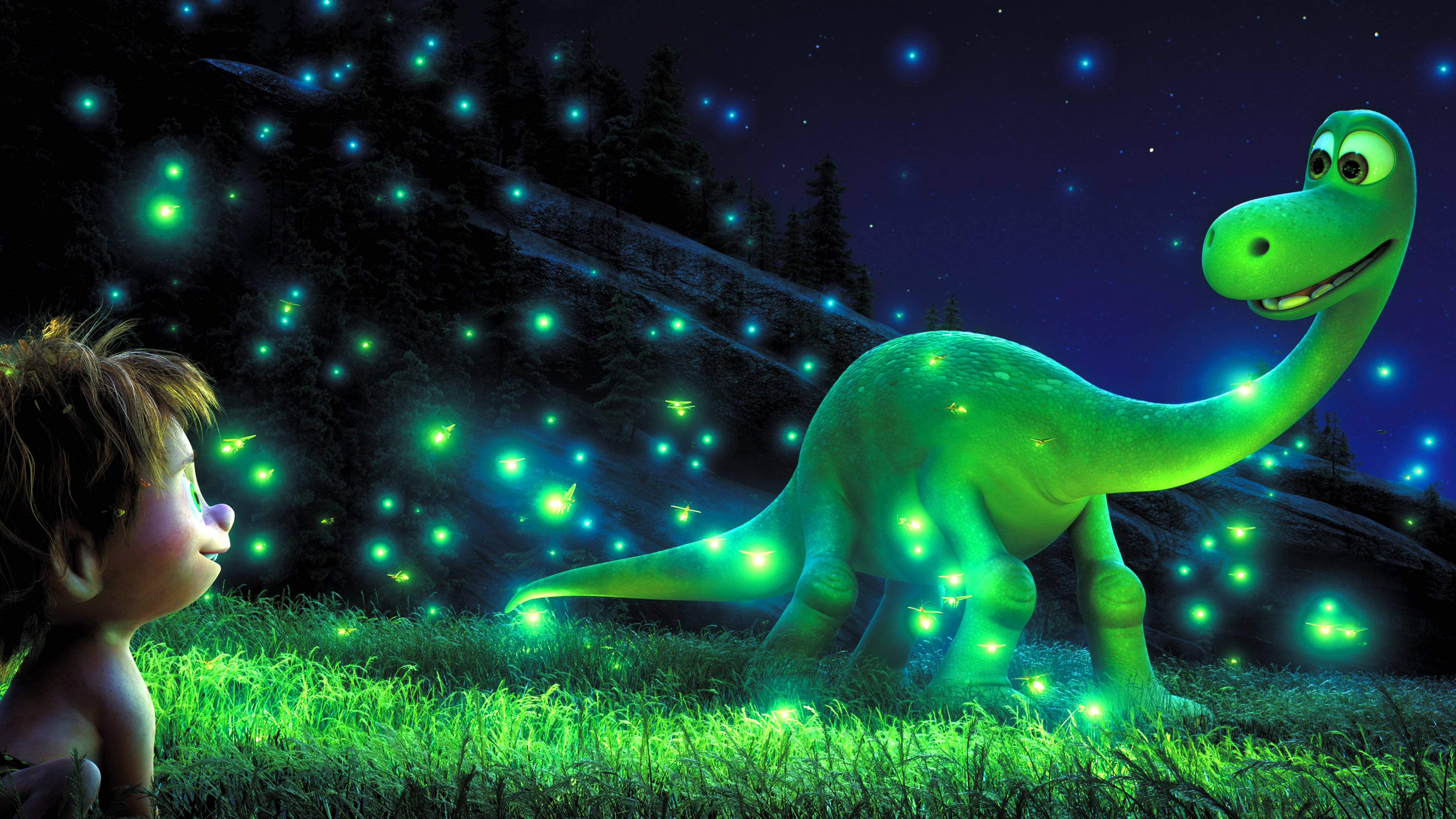 The Good Dinosaur, firefly scene, glowing green dinosaur, 4K Desktop Wallpaper