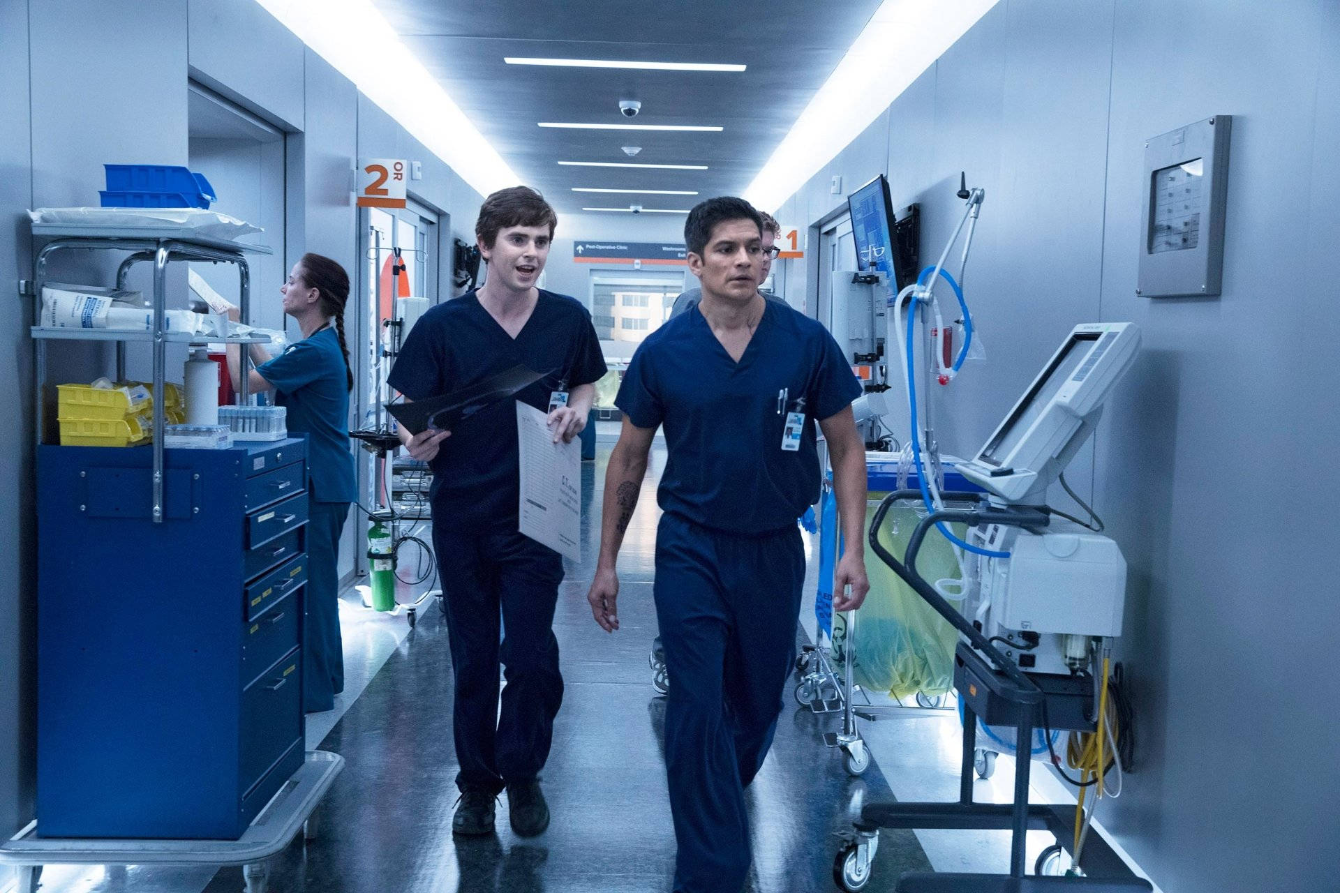 The Good Doctor, blue scrubs, sterile hospital corridor, Full HD Desktop Wallpaper