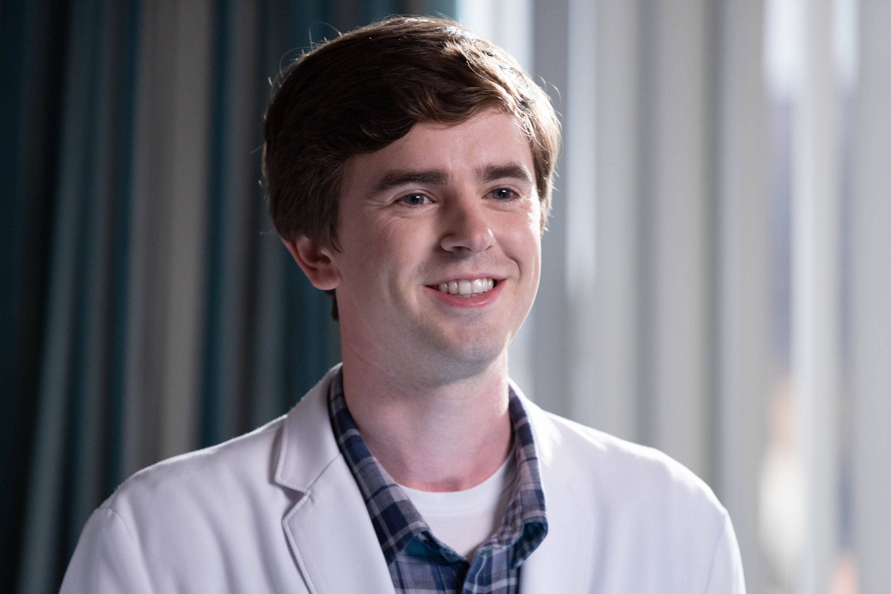 The Good Doctor, white lab coat, soft blue and white curtains, 2K Desktop Wallpaper