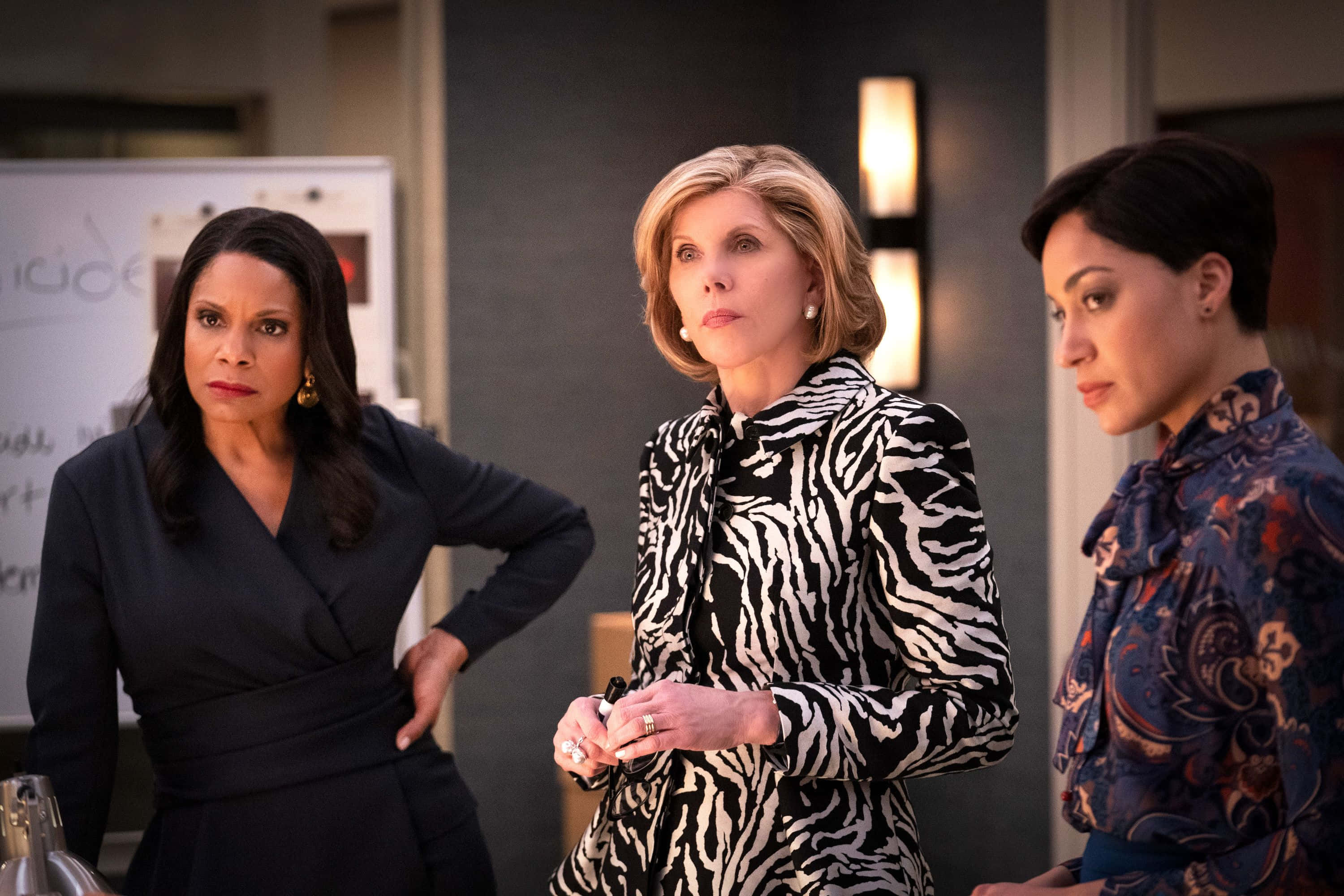 The Good Fight, zebra-print blouse, dark wrap dress, 2K Desktop Wallpaper