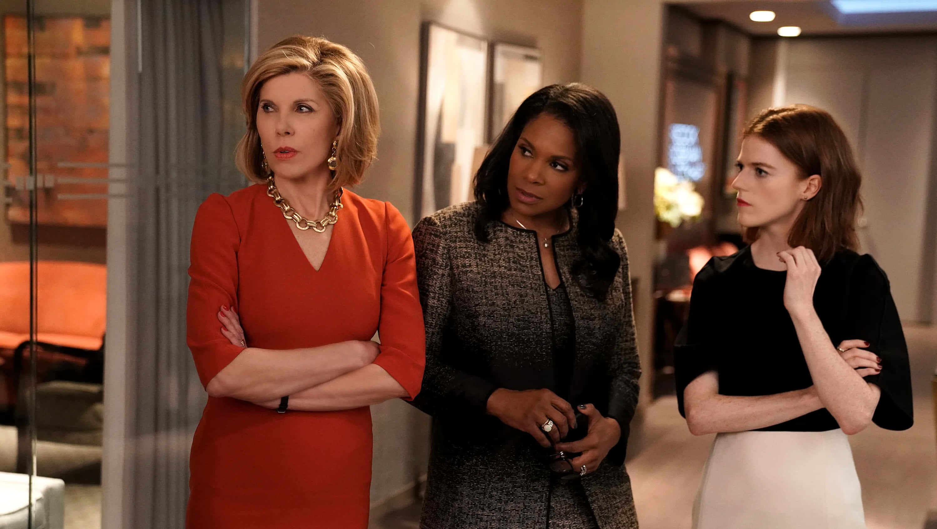 The Good Fight, modern office hallway, three women, 2K Desktop Wallpaper