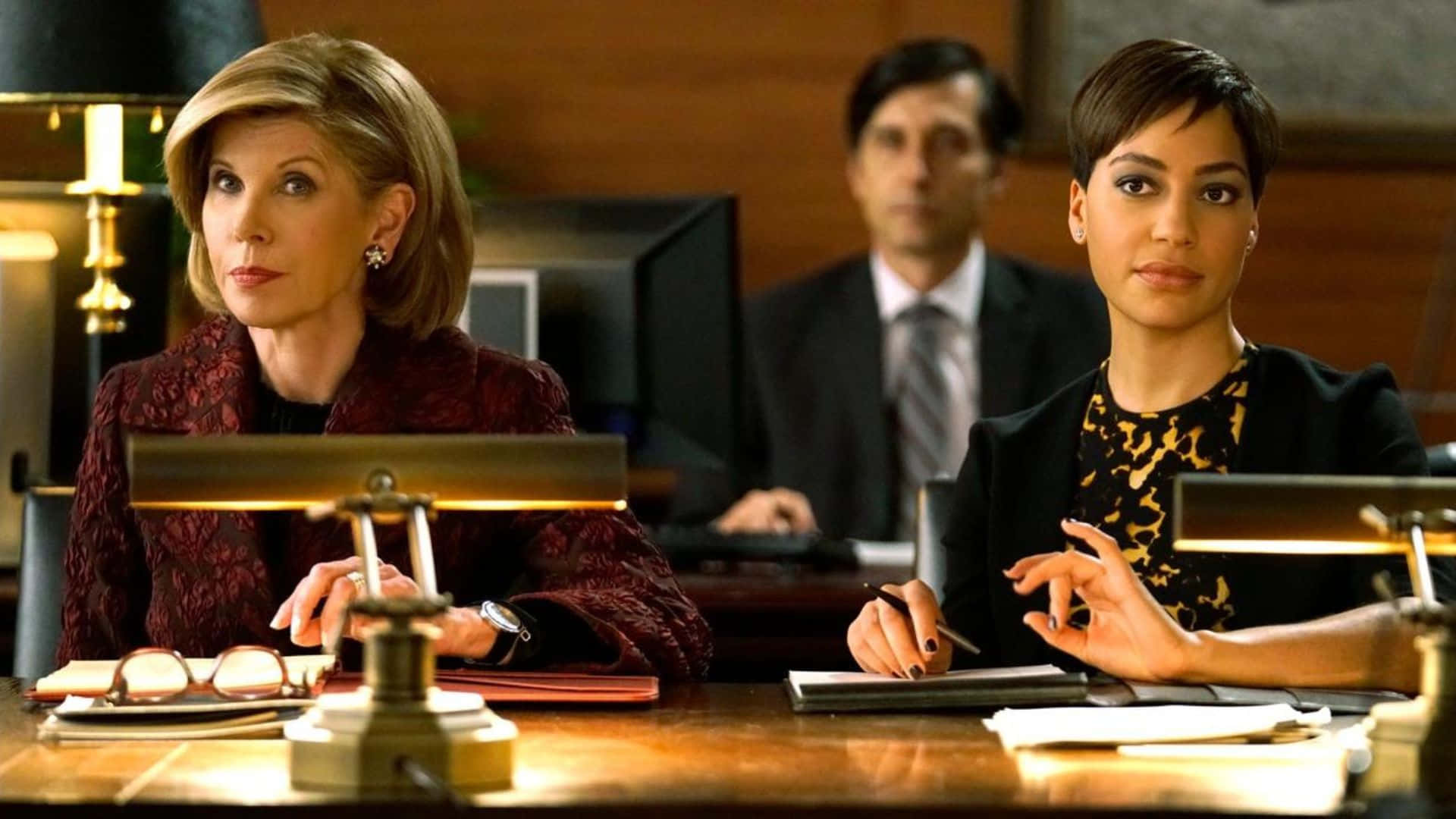 The Good Fight, courtroom scene, polished wooden desk, Full HD Desktop Wallpaper