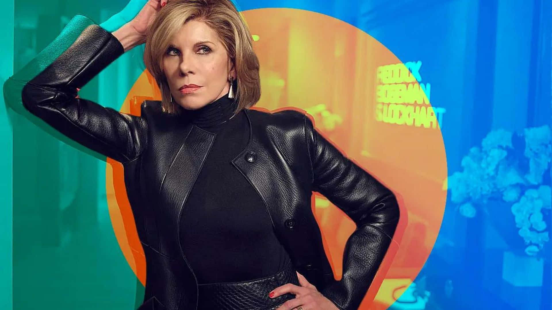 The Good Fight, black leather jacket, vibrant teal and orange circular backdrop, Full HD Desktop Wallpaper