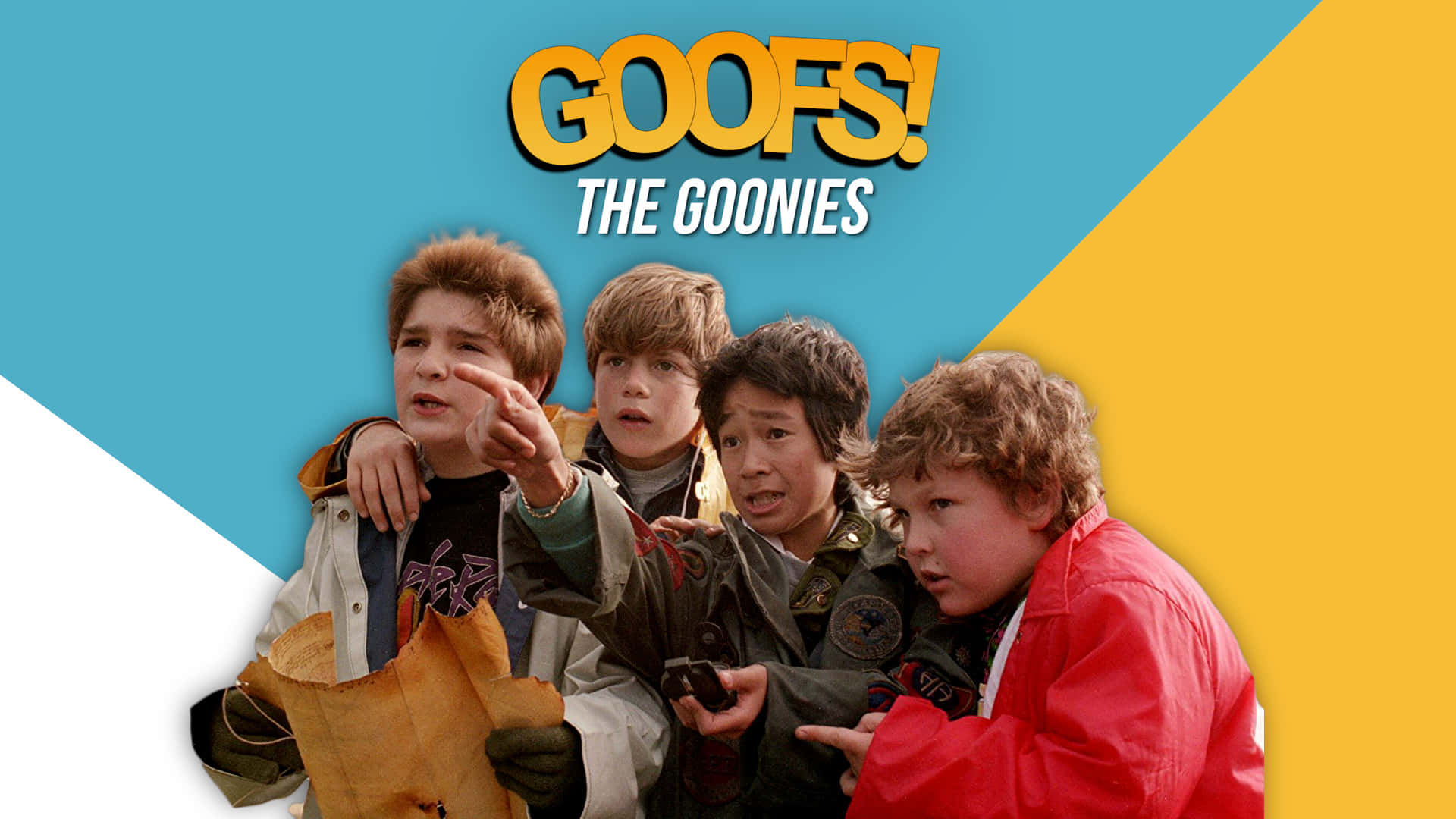 The Goonies, adventurers, blue and yellow geometric background, Full HD Desktop Wallpaper