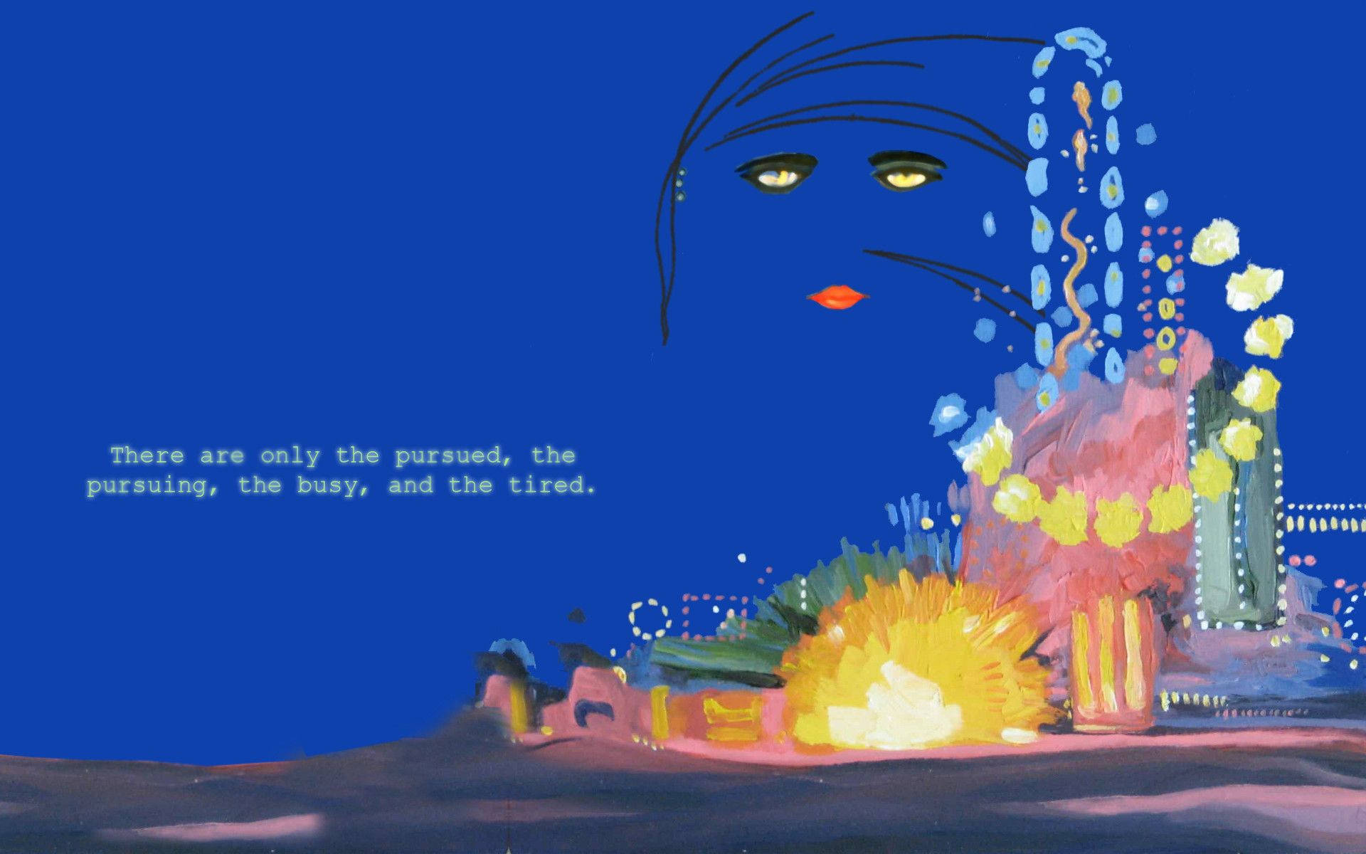 The Great Gatsby, glowing eyes, tears transforming into colorful abstract shapes, Full HD Desktop Wallpaper