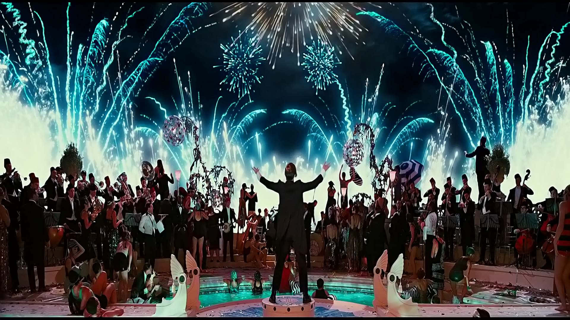Gatsby, lavish party scene, blue and white fireworks, Full HD Desktop Wallpaper