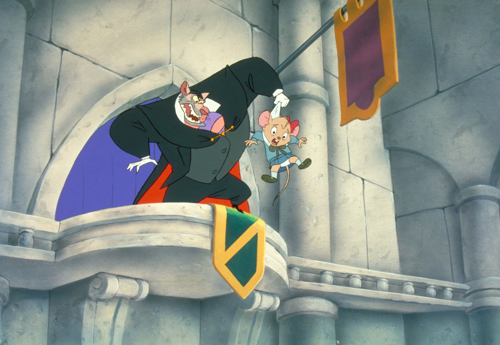The Great Mouse Detective, stone castle balcony, cartoon mouse hero, Full HD Desktop Wallpaper
