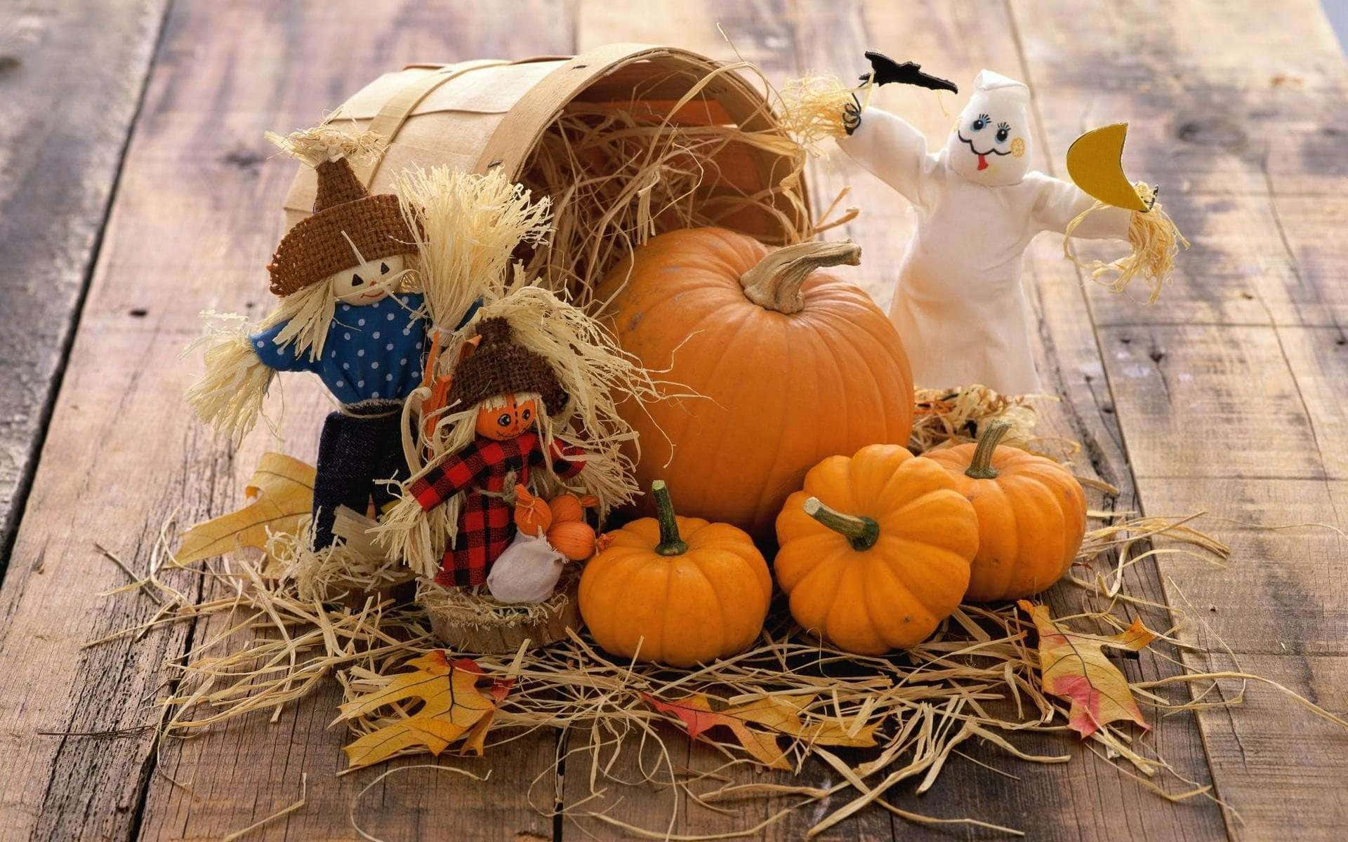 fall pumpkin, rustic autumn scene, pumpkins scarecrows, Full HD Desktop Wallpaper