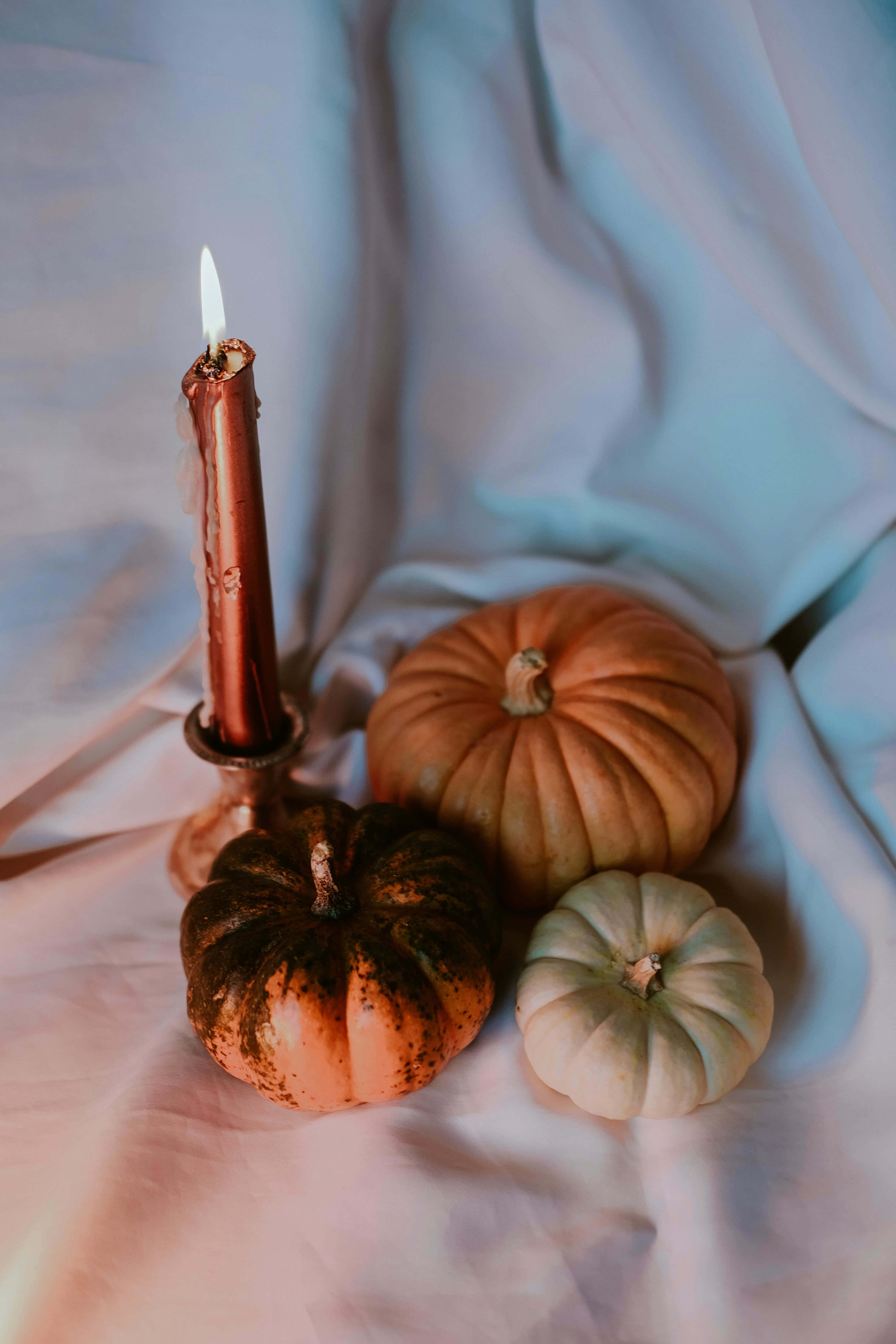 autumnal candle, pumpkins, copper candle holder, 5K Phone Wallpaper