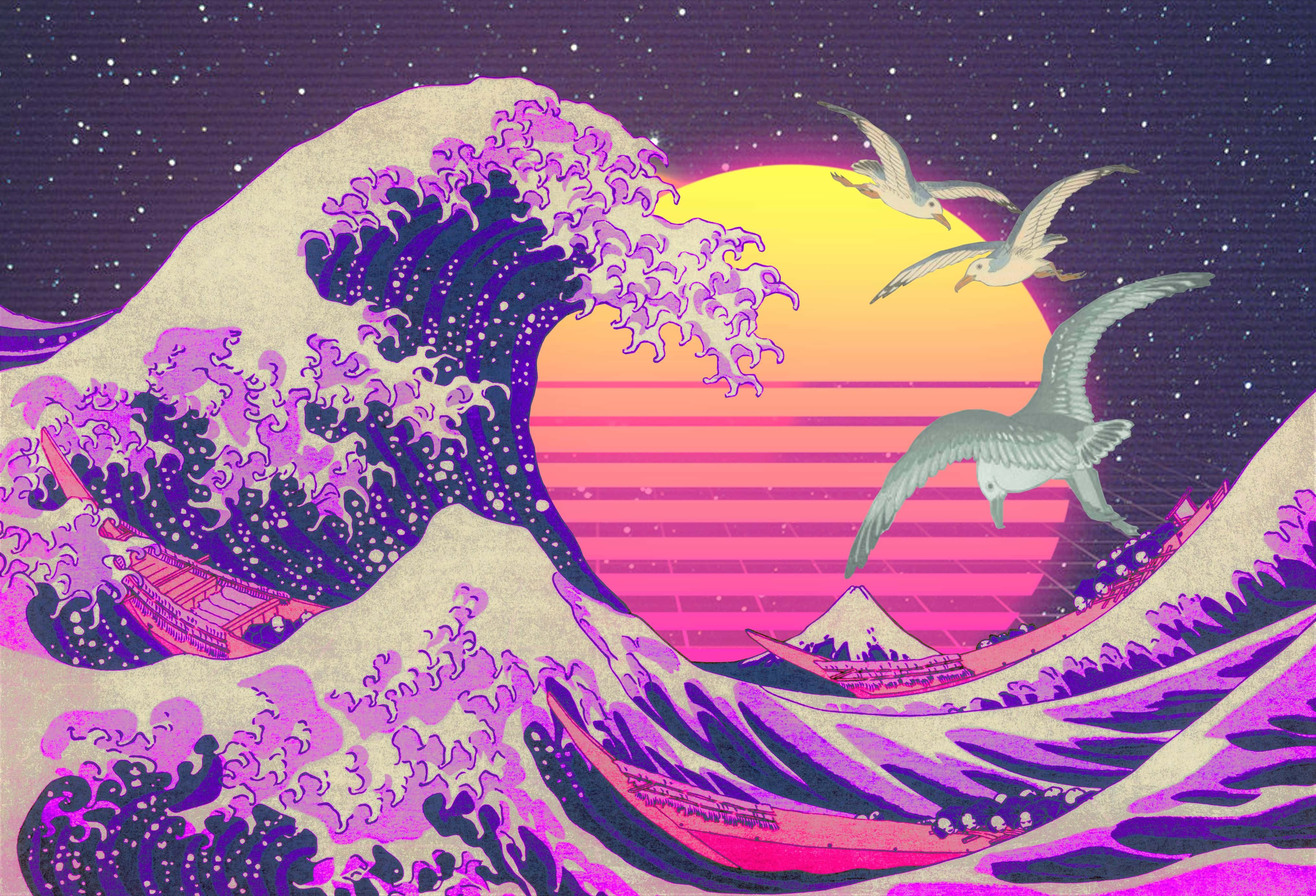 The Great Wave, purple, pink, 4K Desktop Wallpaper